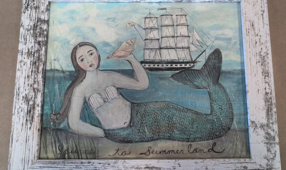 Journey to Summer Land , Ship, Mermaid Folk Art , Art print, giclee