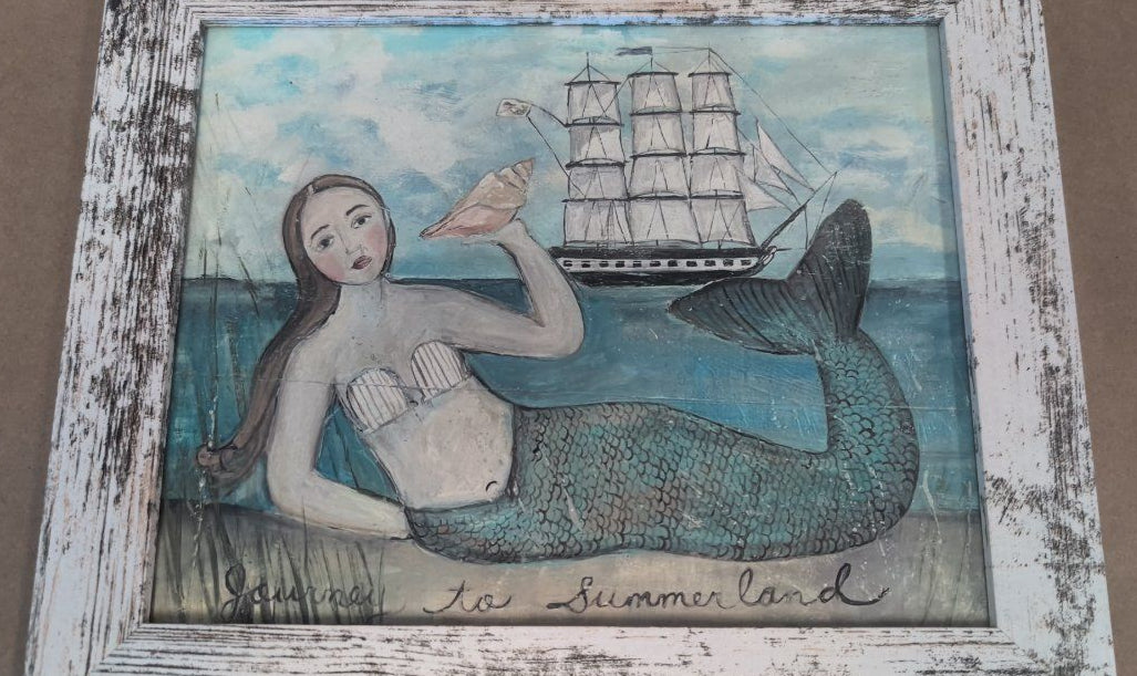 Journey to Summer Land , Ship, Mermaid Folk Art , Art print, giclee