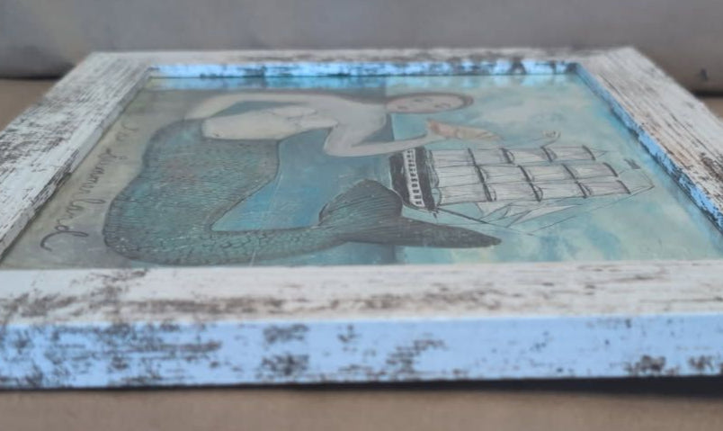 Journey to Summer Land , Ship, Mermaid Folk Art , Art print, giclee