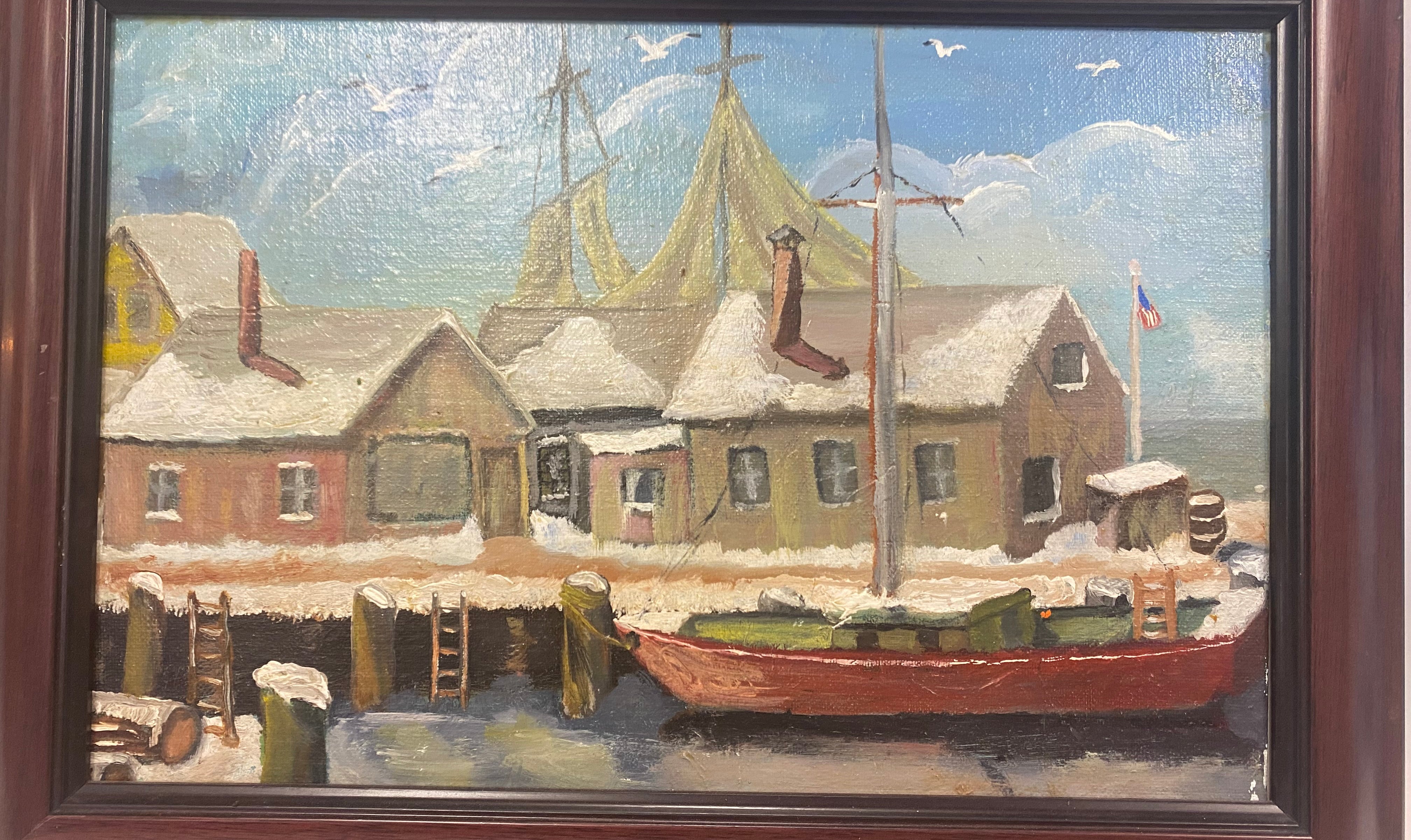 oil painting new england winter seaside dock boat