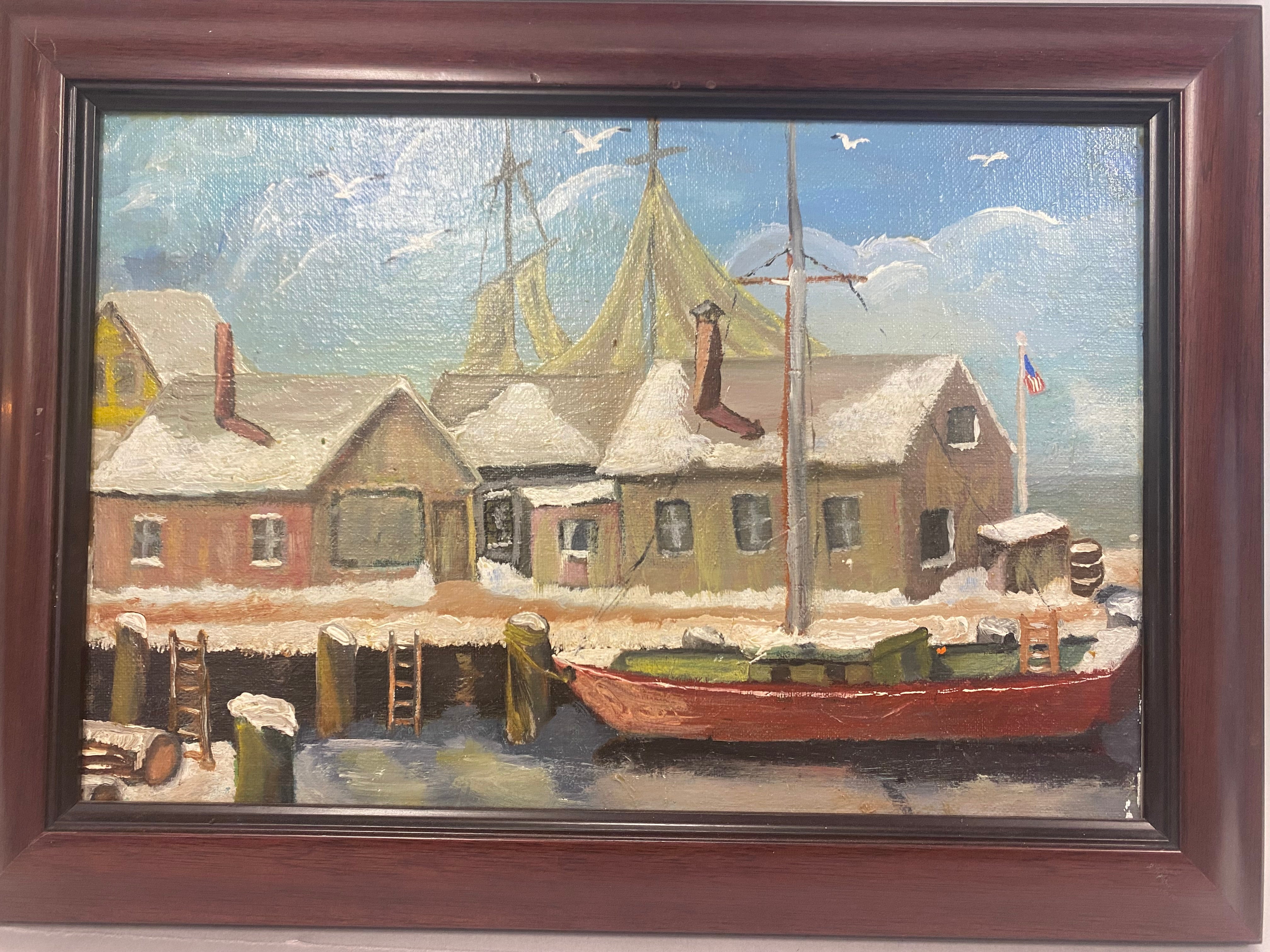 oil painting new england winter seaside dock boat