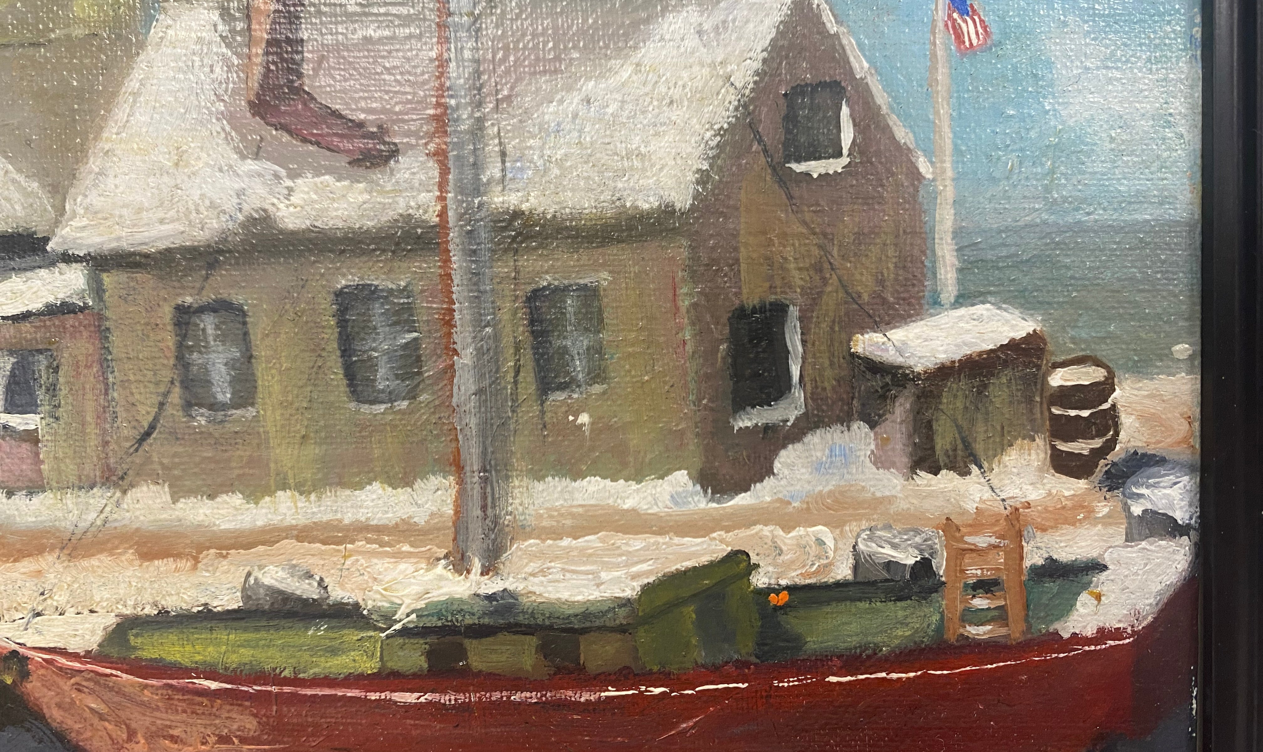 oil painting new england winter seaside dock boat