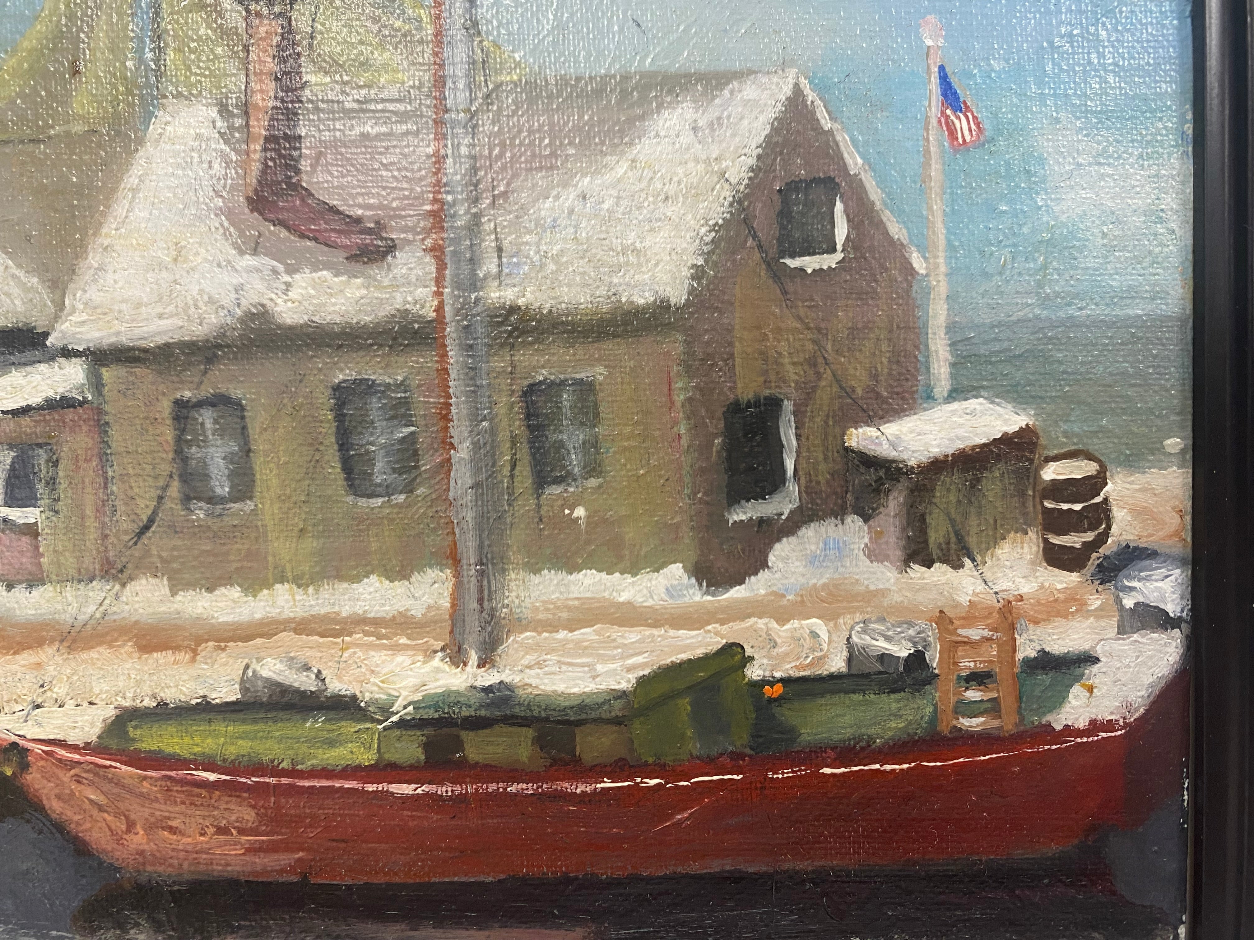 oil painting new england winter seaside dock boat