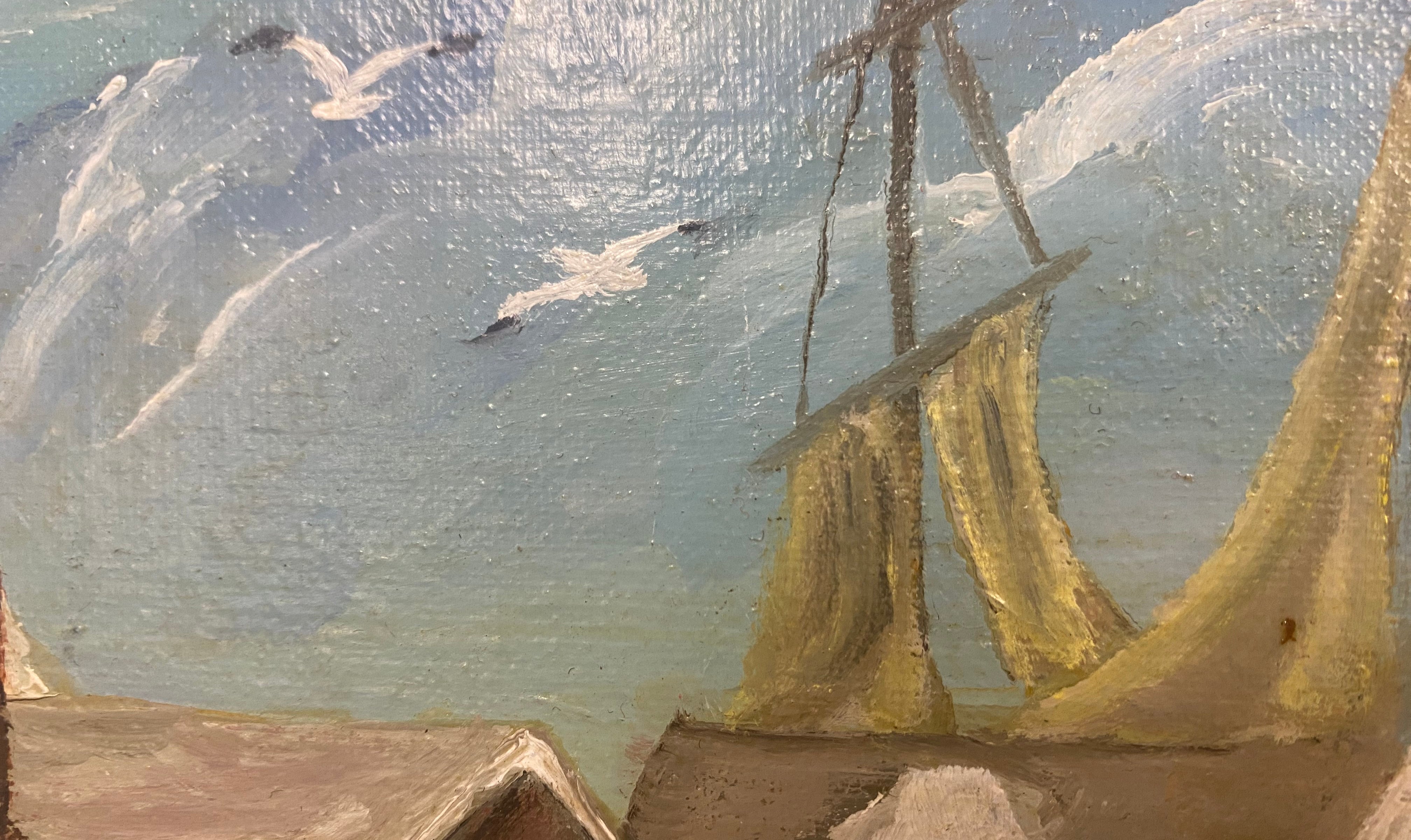oil painting new england winter seaside dock boat