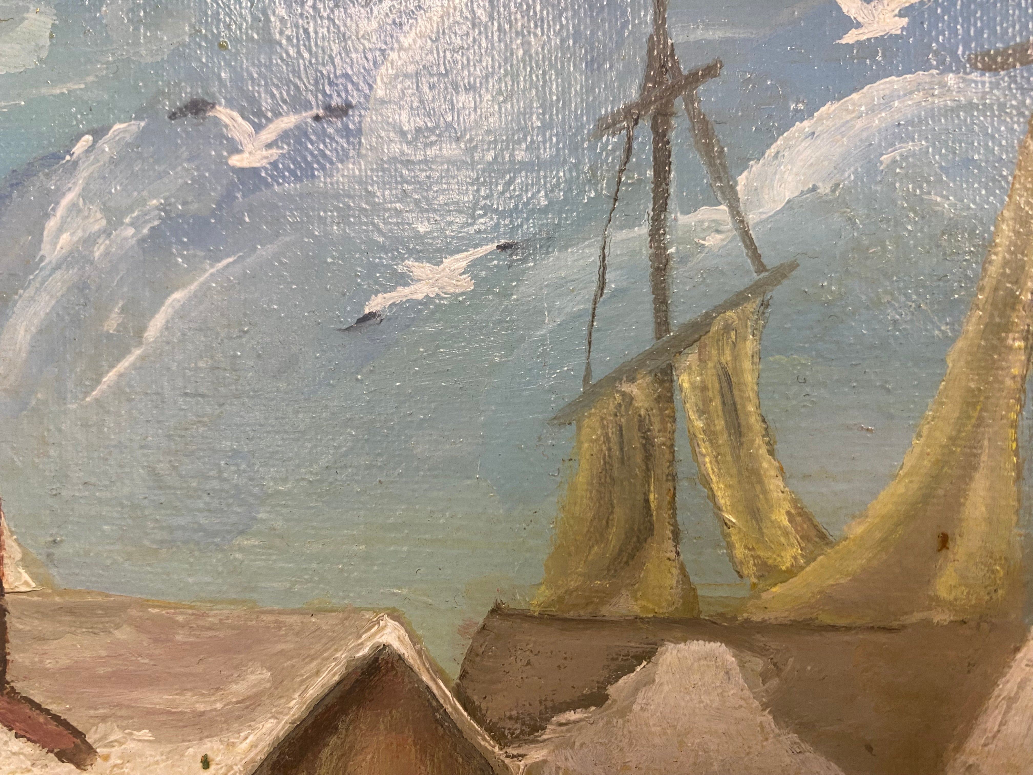 oil painting new england winter seaside dock boat