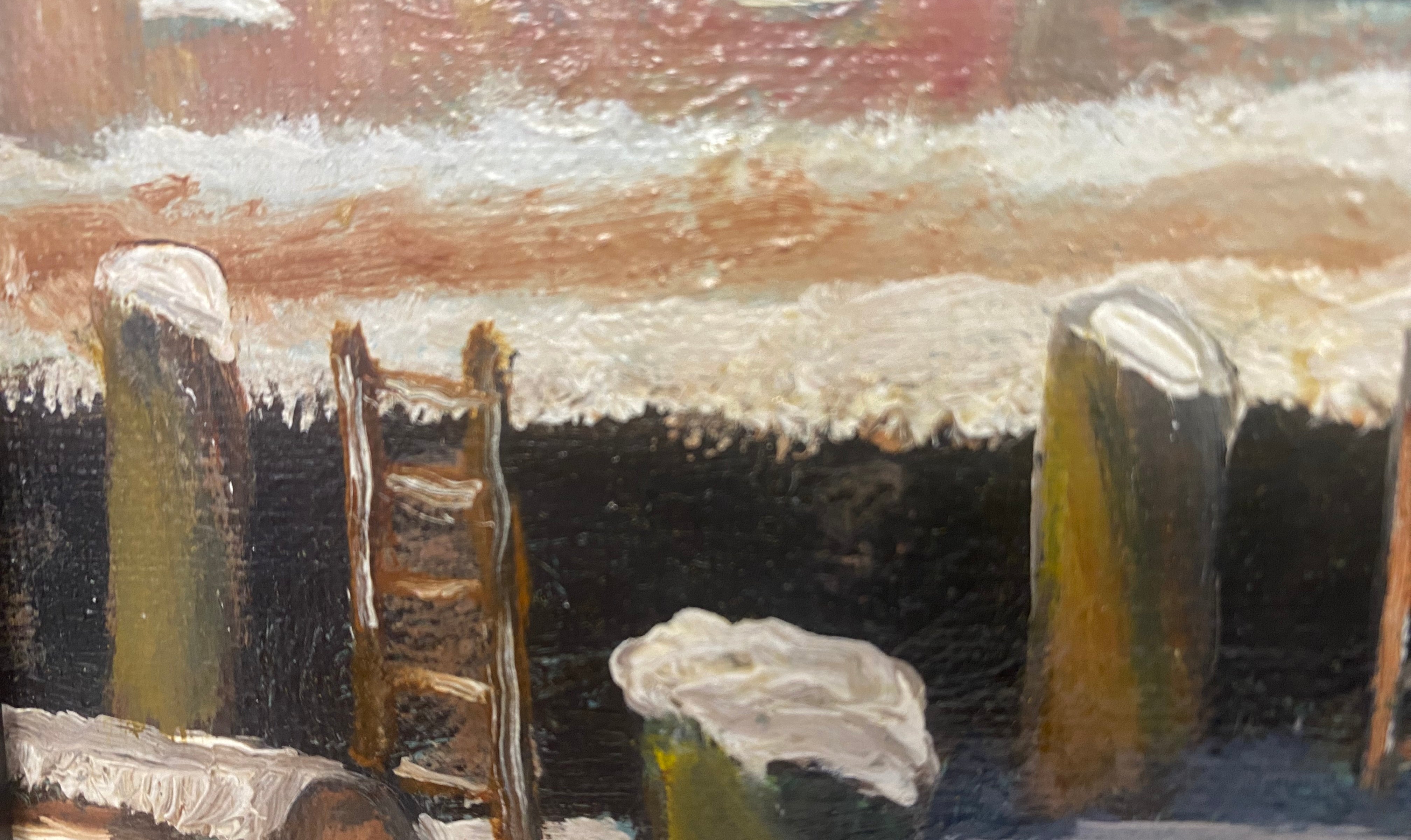 oil painting new england winter seaside dock boat