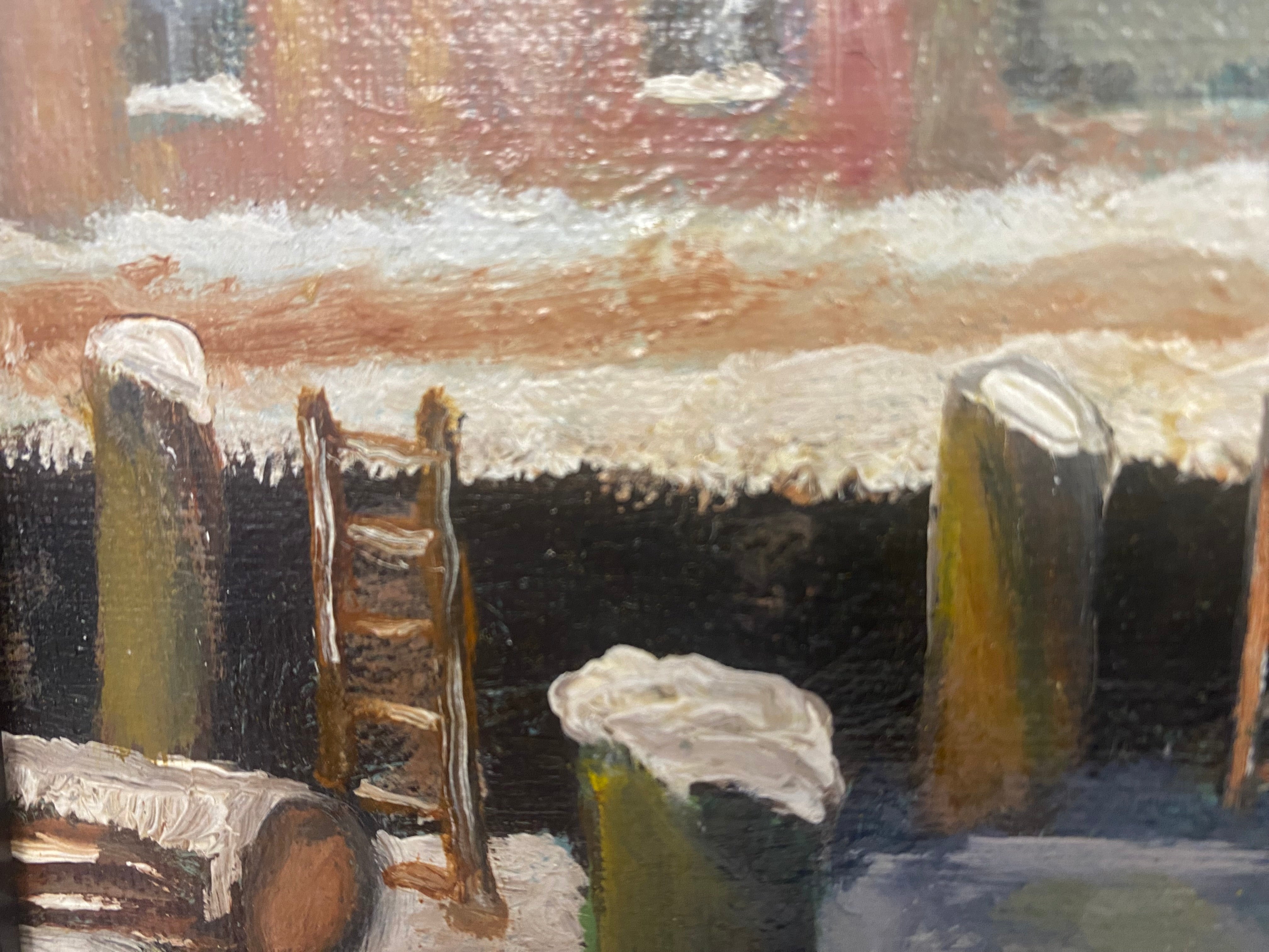 oil painting new england winter seaside dock boat