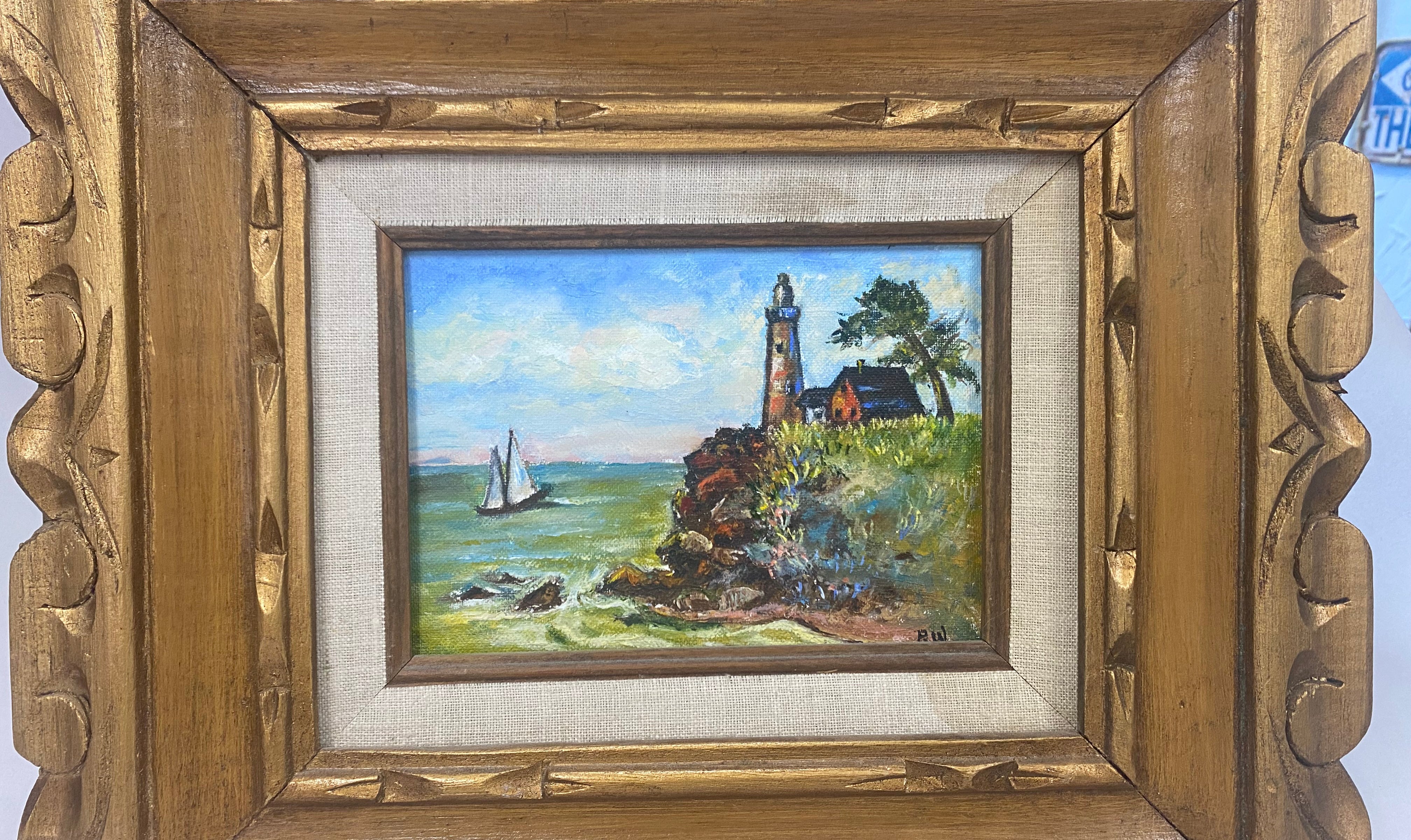 oil painting lighthouse sailboat New England