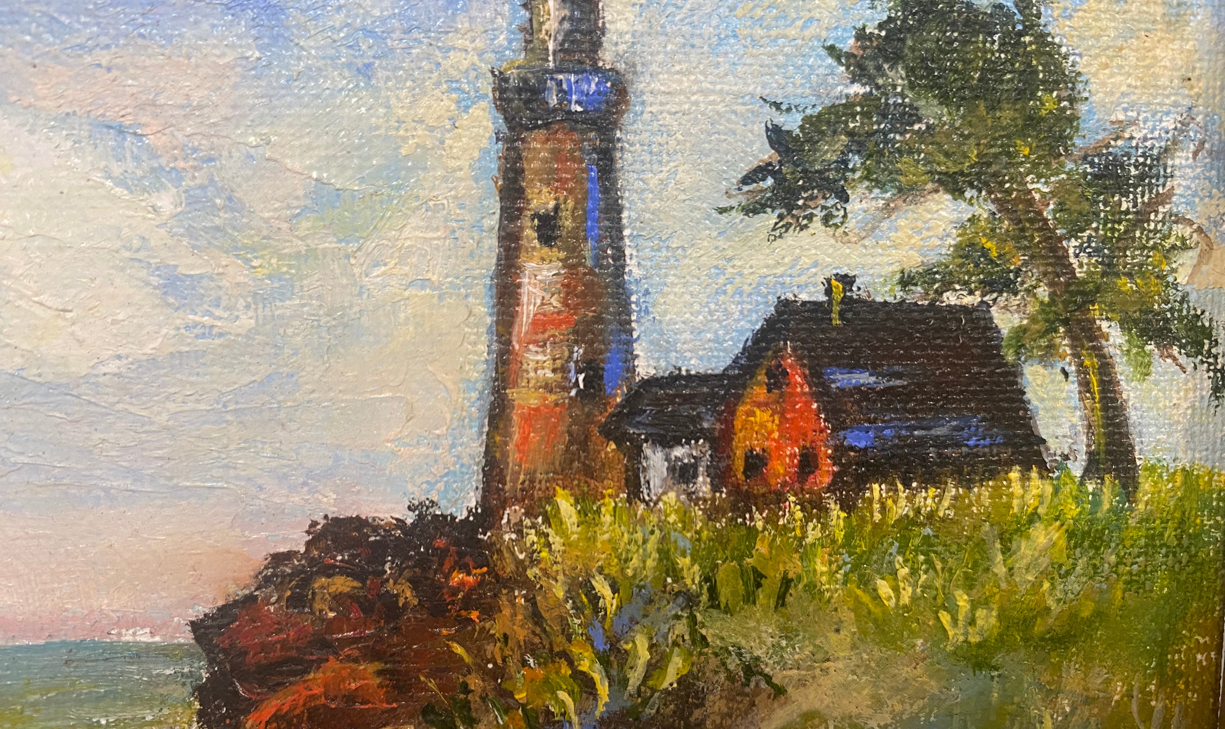 oil painting lighthouse sailboat New England