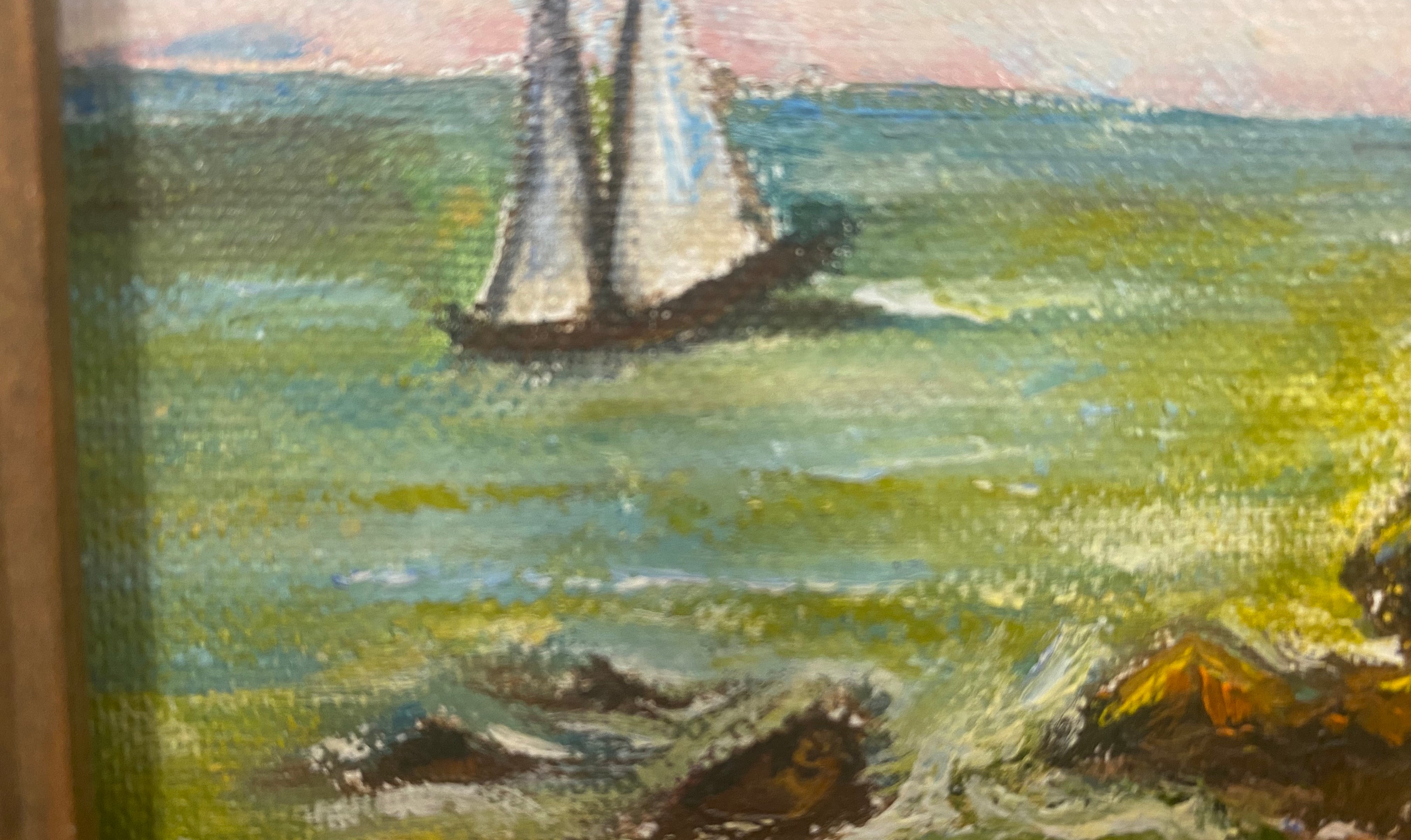 oil painting lighthouse sailboat New England