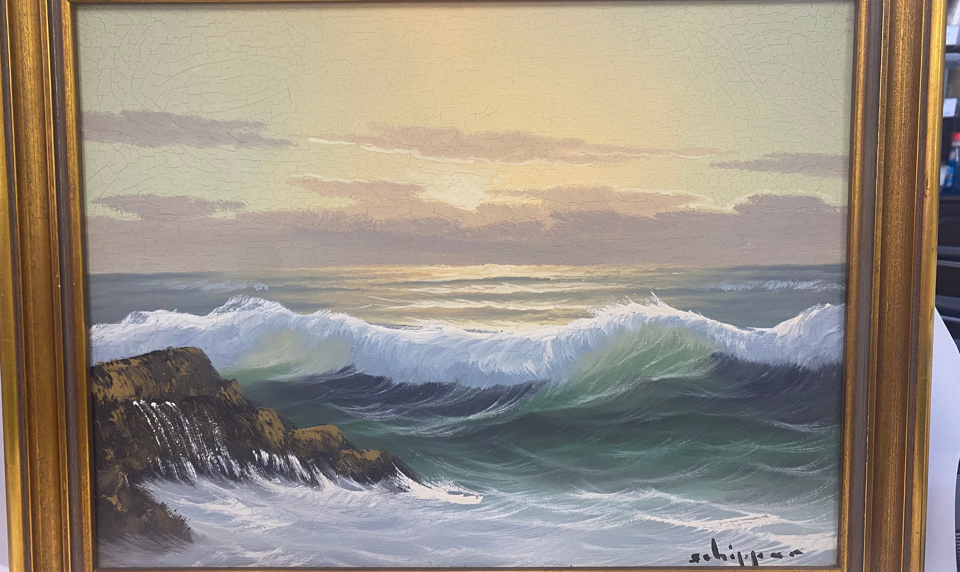 vintage oil painting , rolling ocean waves Artist Schipper , coastal new England