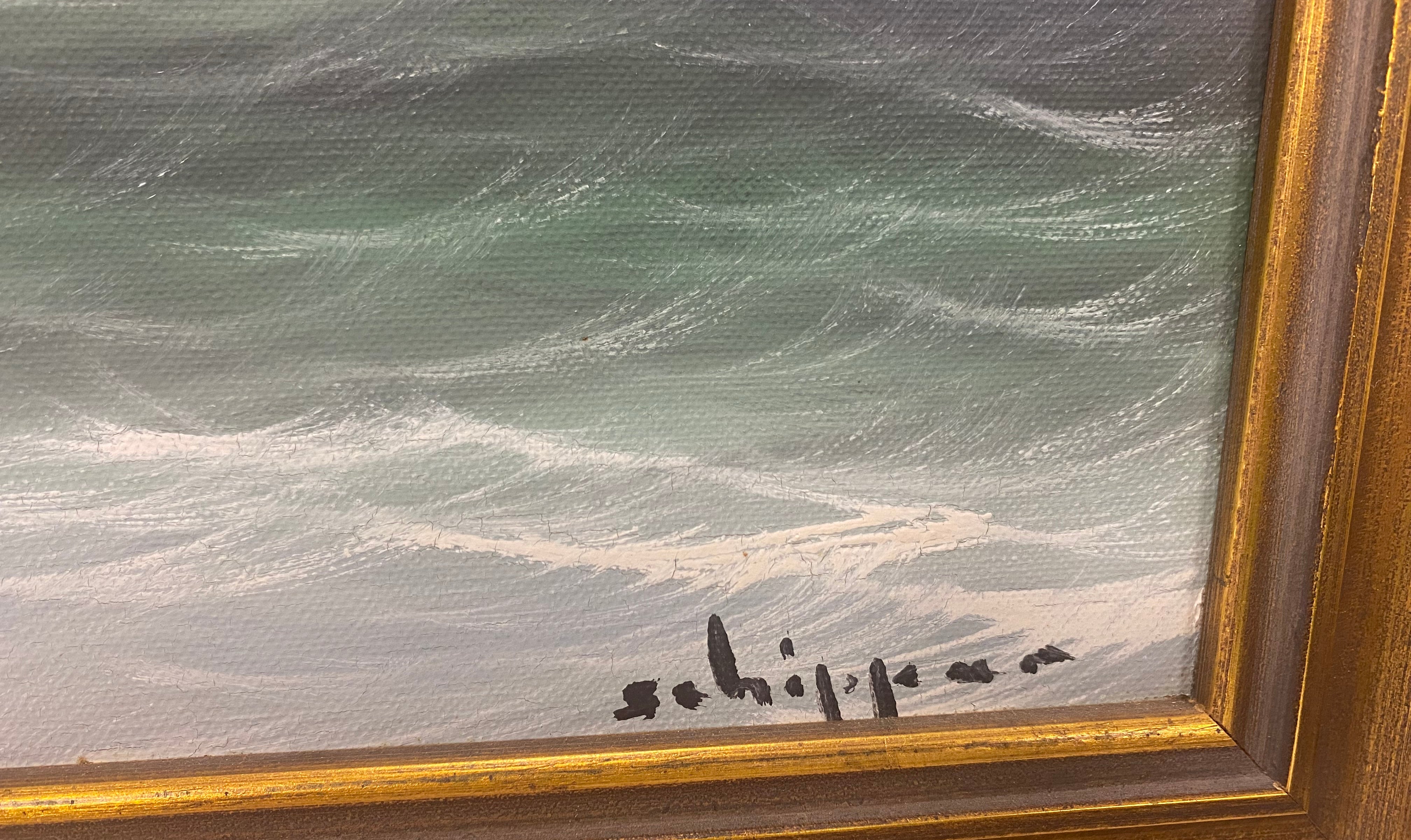 vintage oil painting , rolling ocean waves Artist Schipper , coastal new England
