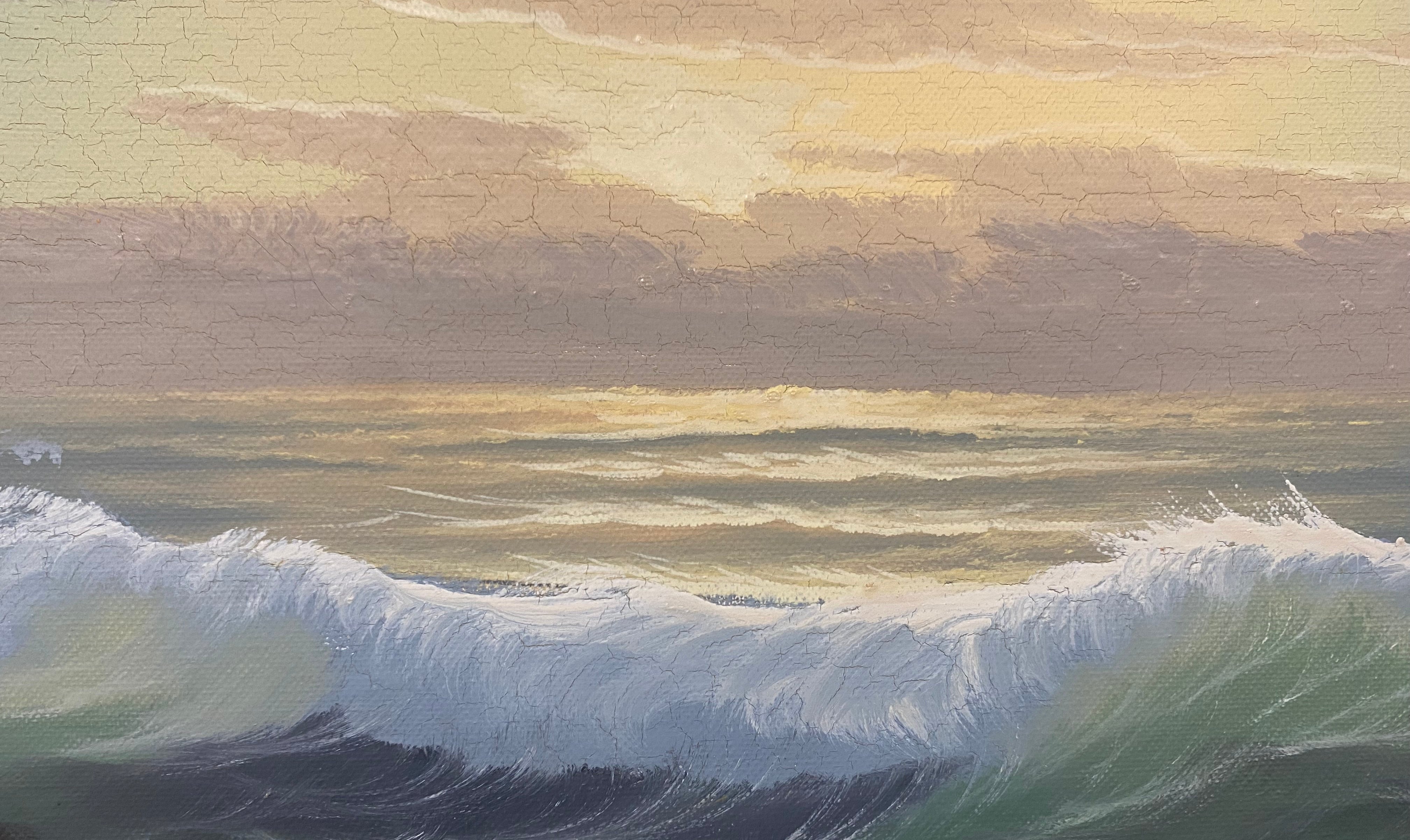 vintage oil painting , rolling ocean waves Artist Schipper , coastal new England