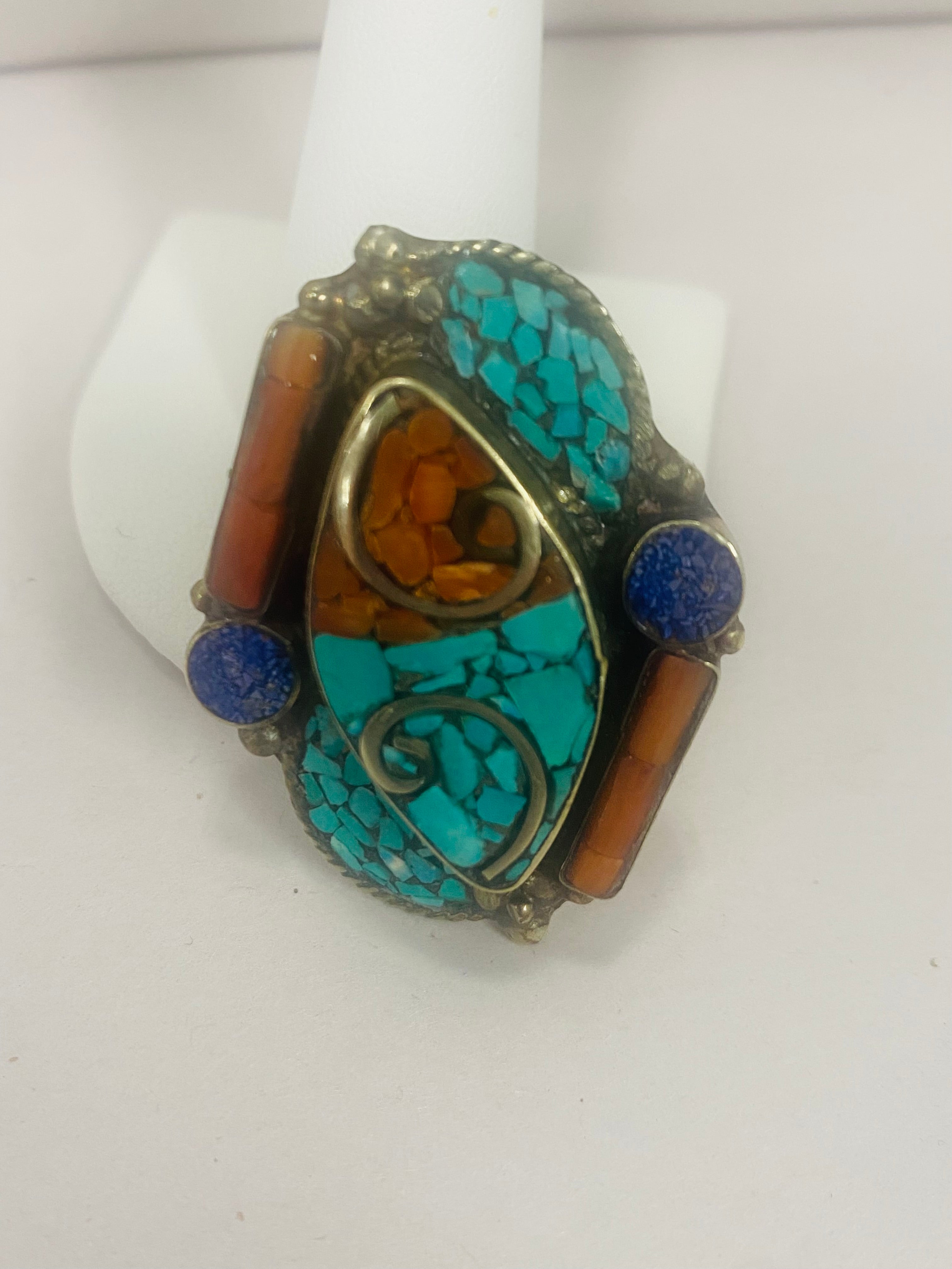 sterling silver, turquoise, coral, lapis vintage ring, vintage jewelry