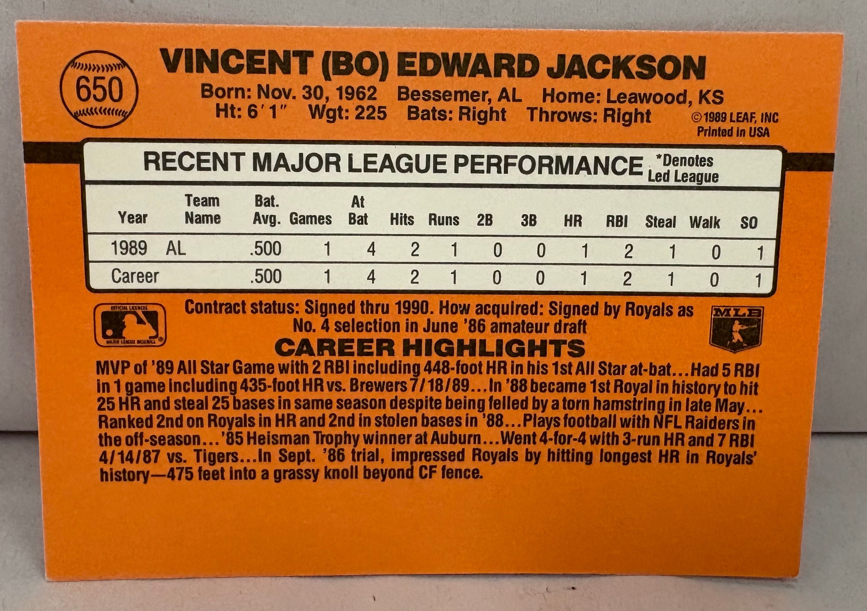 Bo Jackson Baseball Rookie Card DonRuss 650