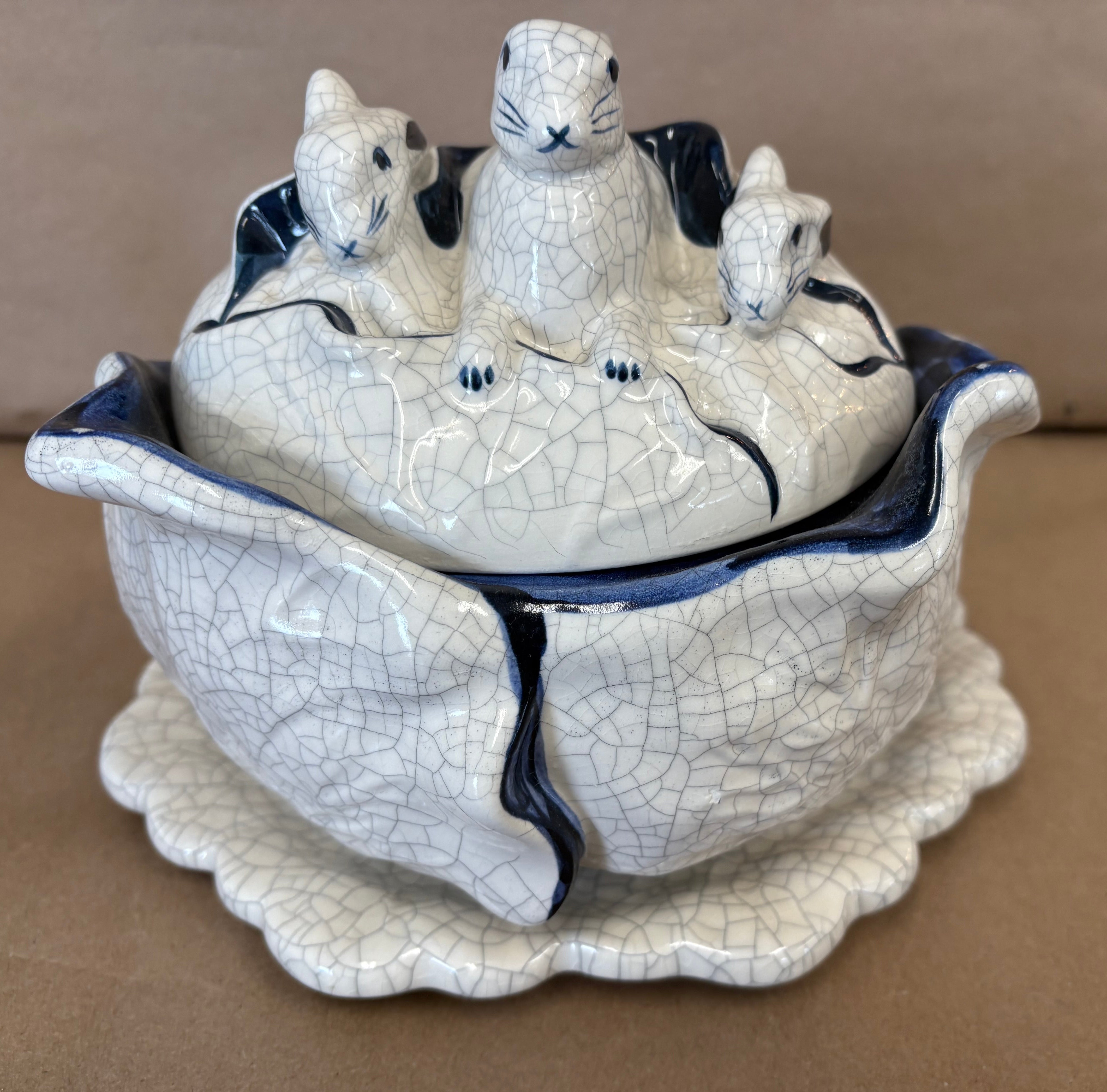 Dedham Pottery small lidded casserole/soup tureen on a plate base.