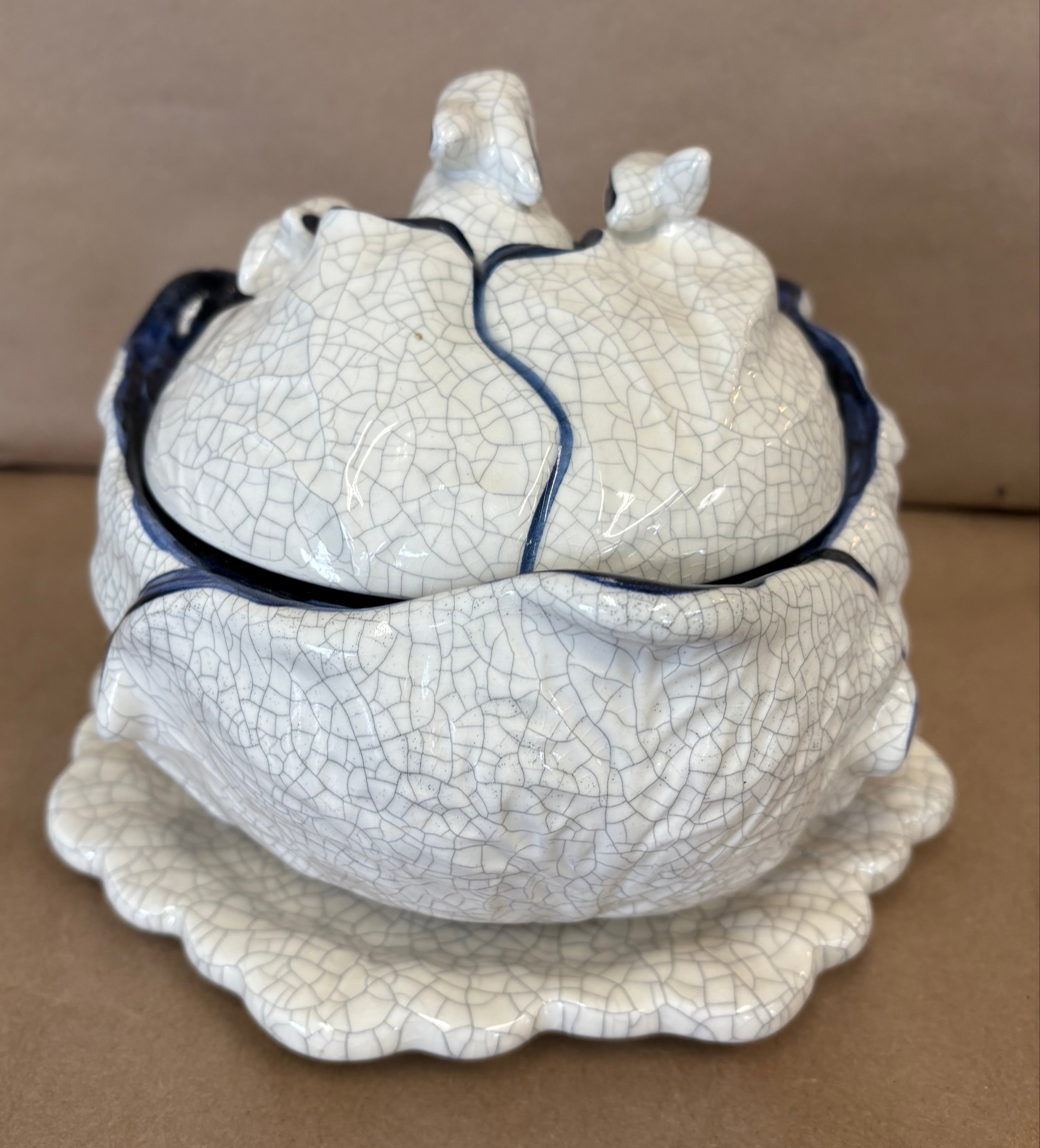 Dedham Pottery small lidded casserole/soup tureen on a plate base.