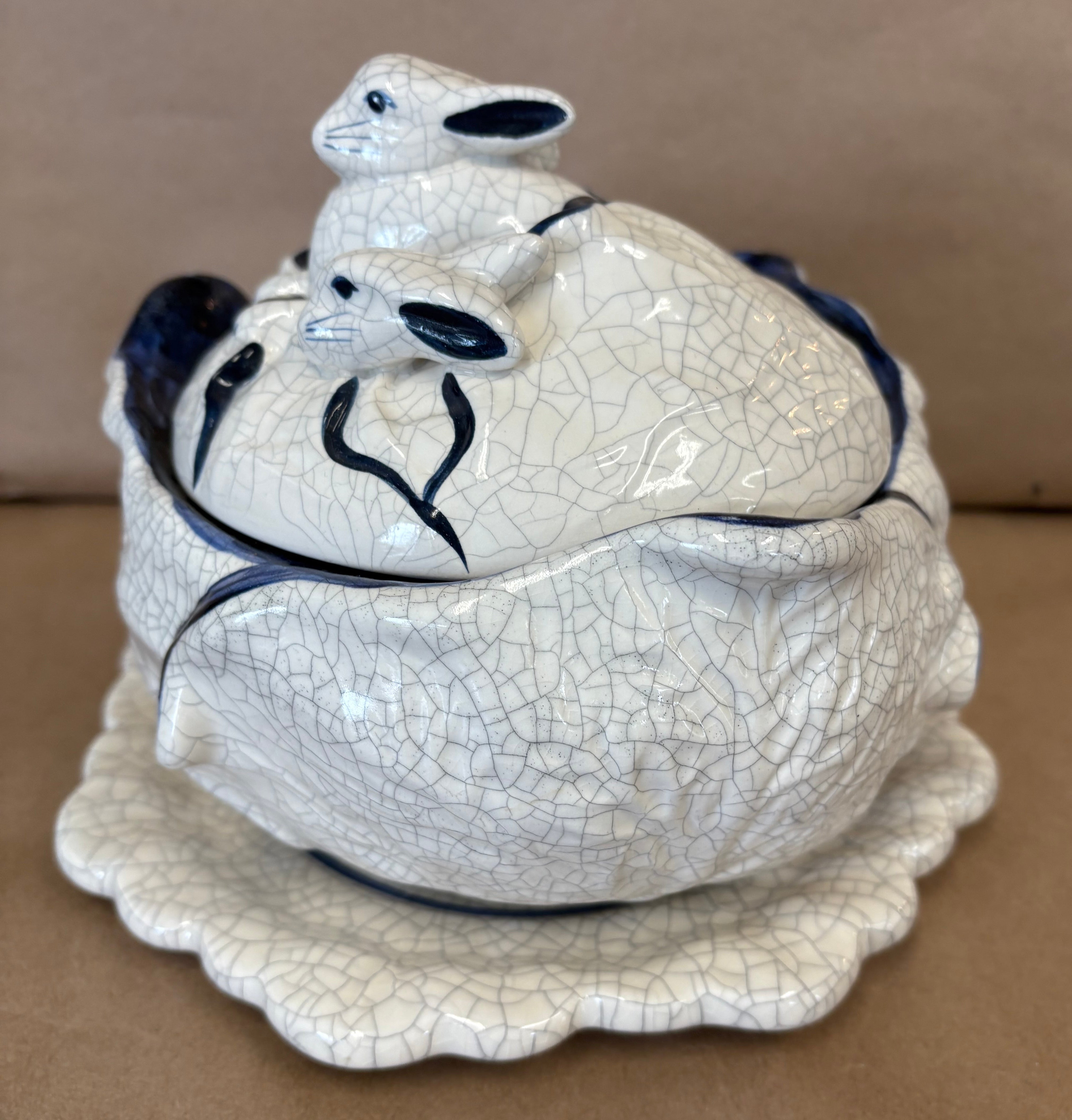 Dedham Pottery small lidded casserole/soup tureen on a plate base.