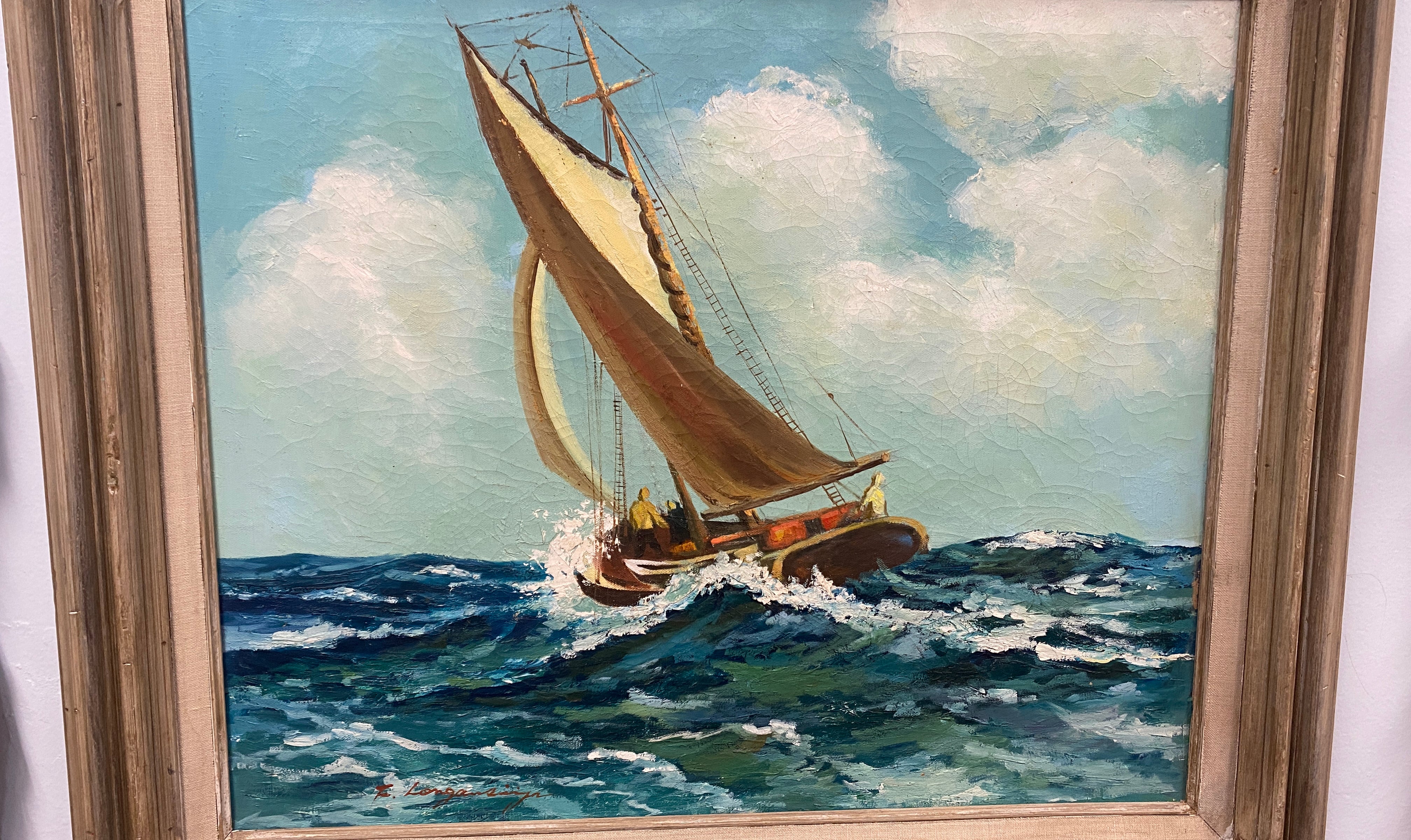 Nautical art, vintage oil painting, blue ocean, beach house, sailing