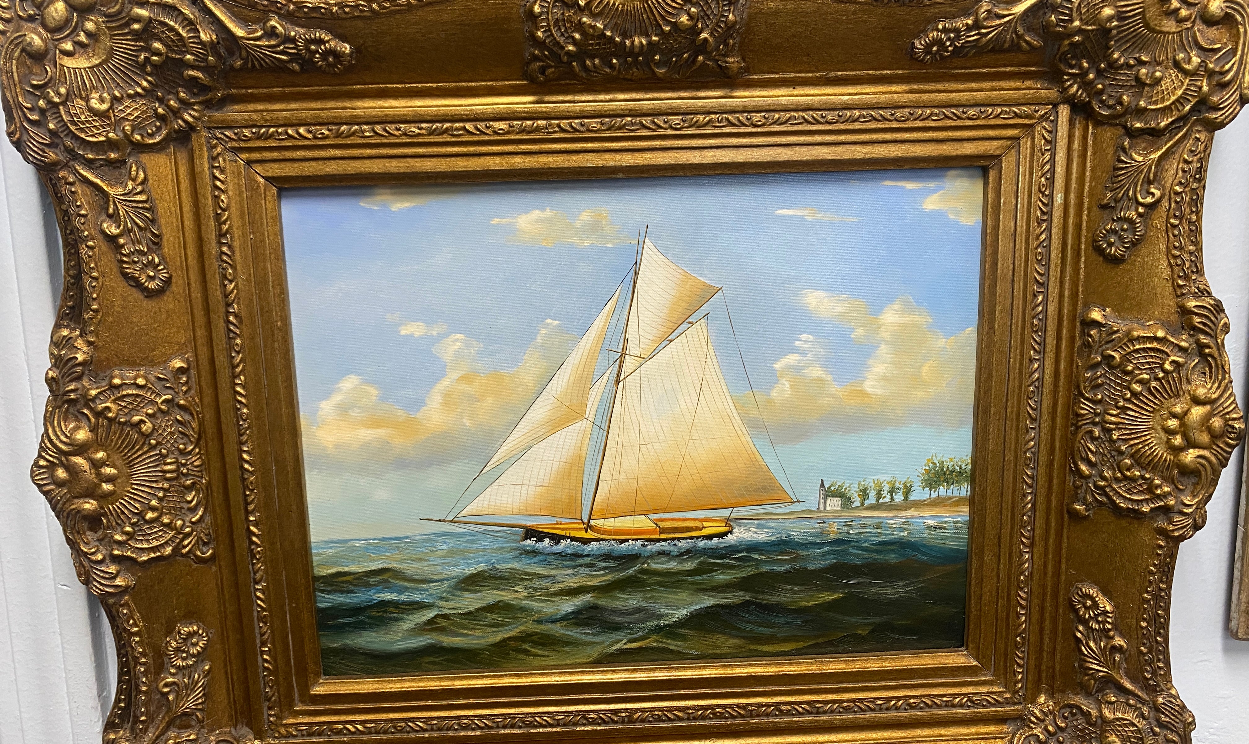 nautical art, vintage oil painting, gilded frame, beach house decor, sailing, Cape Cod.