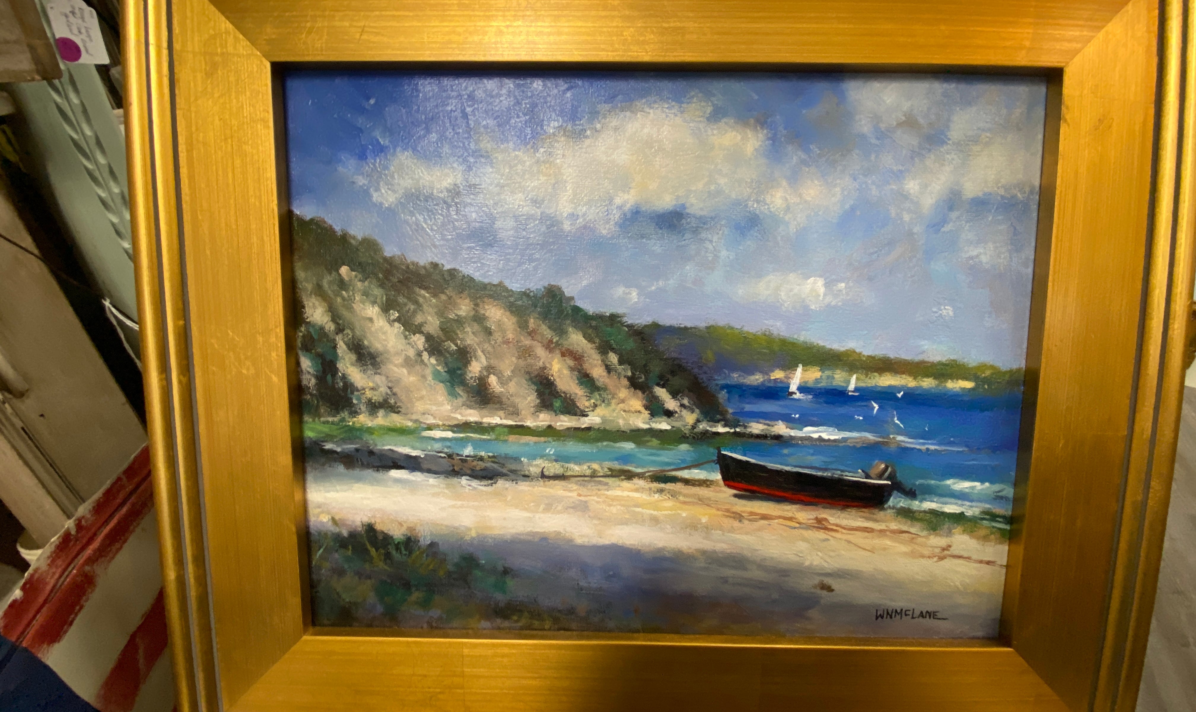 contemporary oil painting, Martha's Vineyard, Rowboat, beach house decor, artist WN McLane.