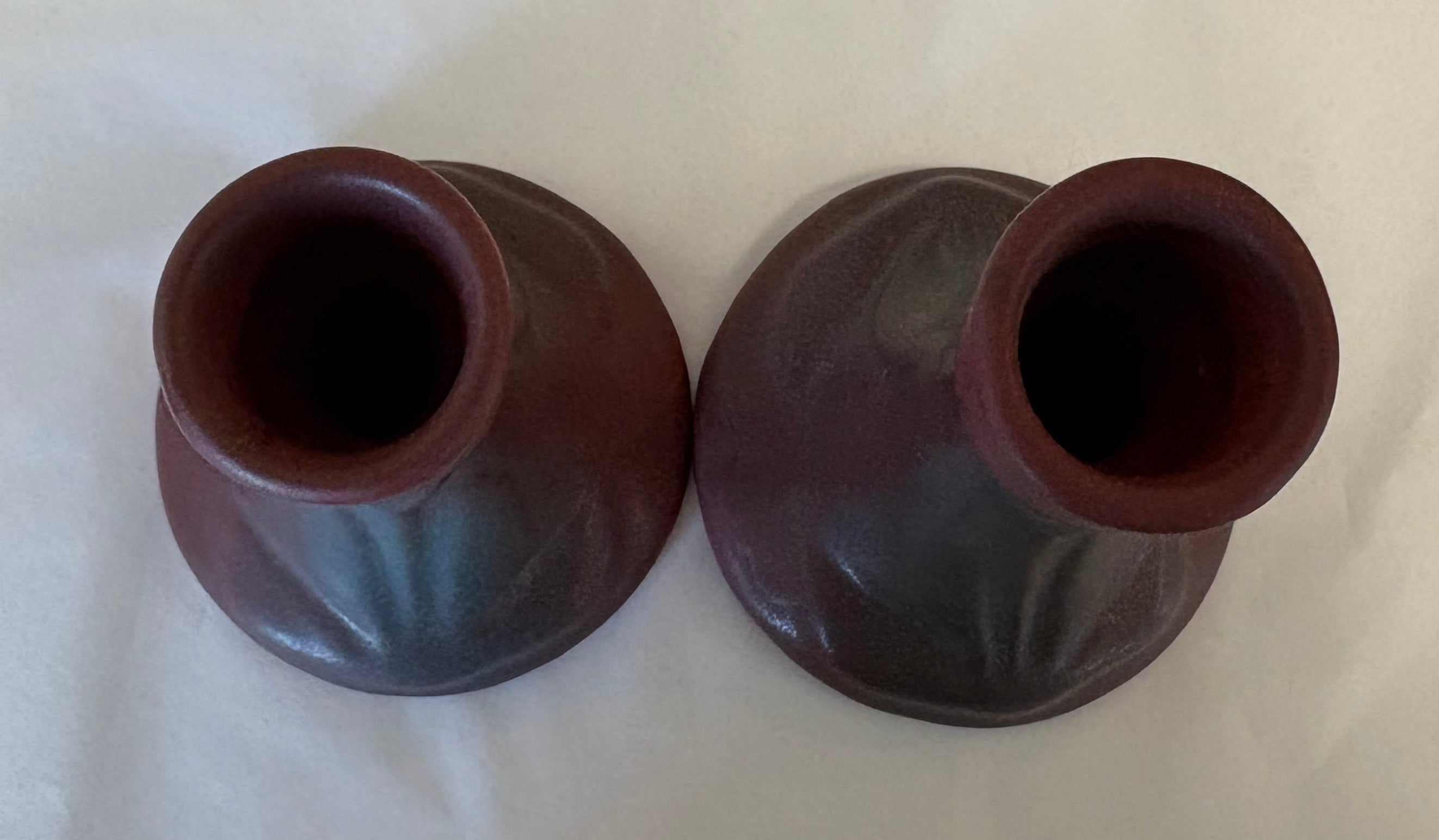 Van Briggle tulip taper candle holders, mulberry & gray art pottery