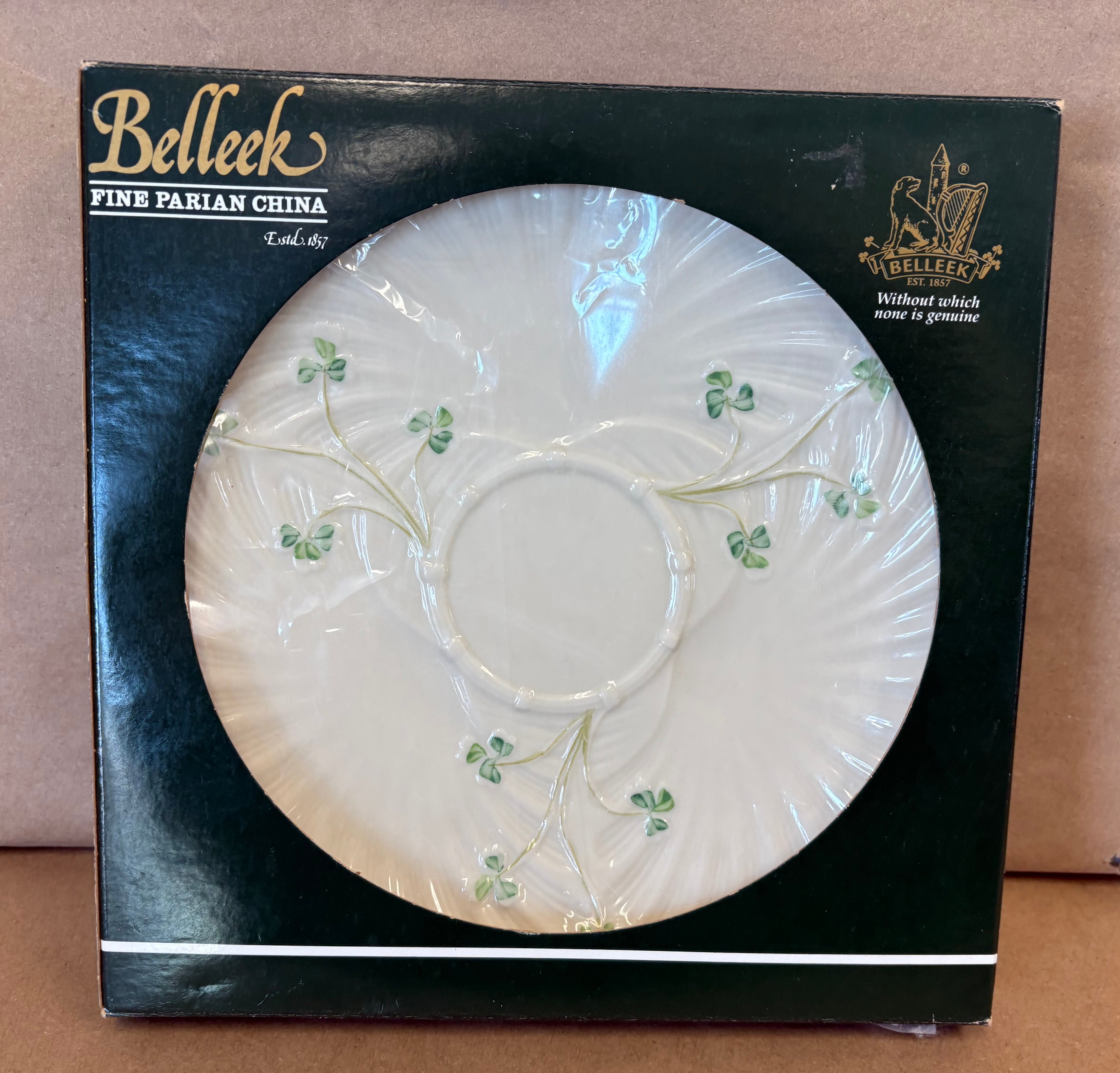 Beleek irish porceline harp shamrock 9 1/4" plate in original packaging