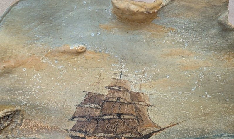 antique Hand Painted ship on a fossilized mushroom