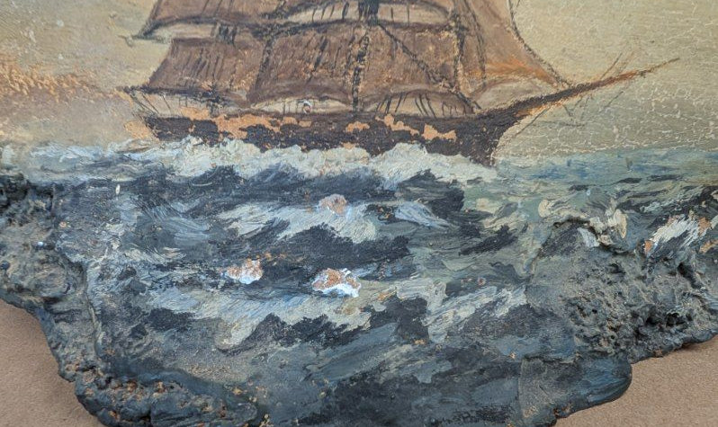 antique Hand Painted ship on a fossilized mushroom