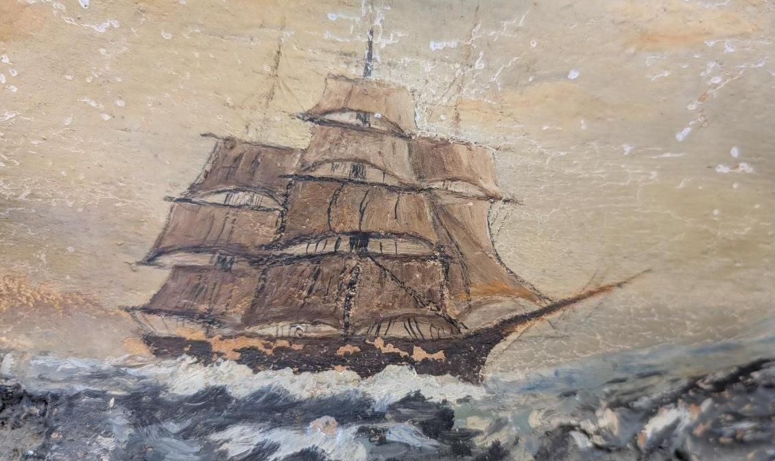 antique Hand Painted ship on a fossilized mushroom