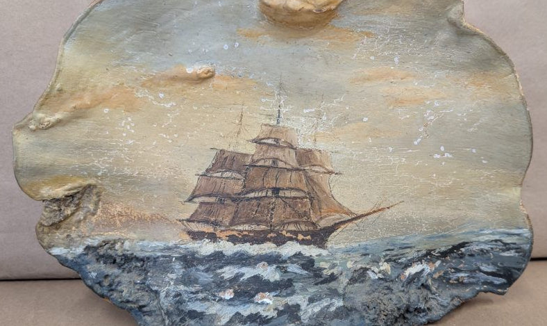 antique Hand Painted ship on a fossilized mushroom