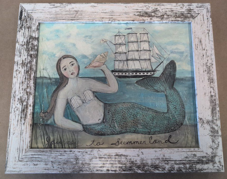 Journey to Summer Land , Ship, Mermaid Folk Art , Art print, giclee
