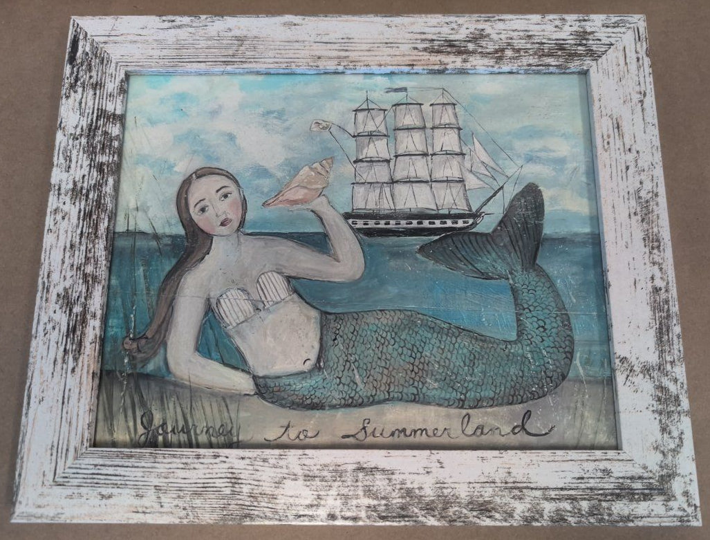 Journey to Summer Land , Ship, Mermaid Folk Art , Art print, giclee