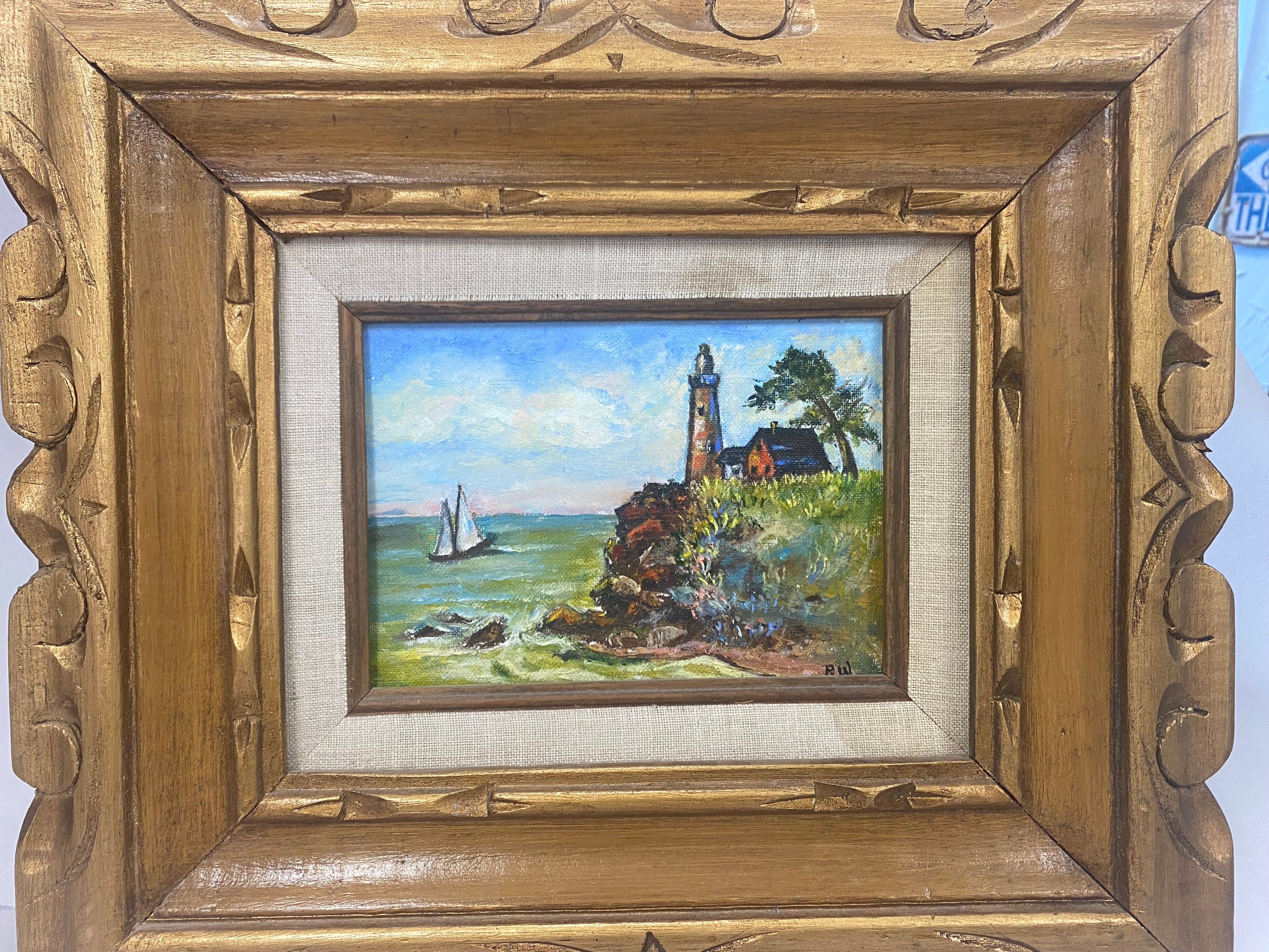 oil painting lighthouse sailboat New England