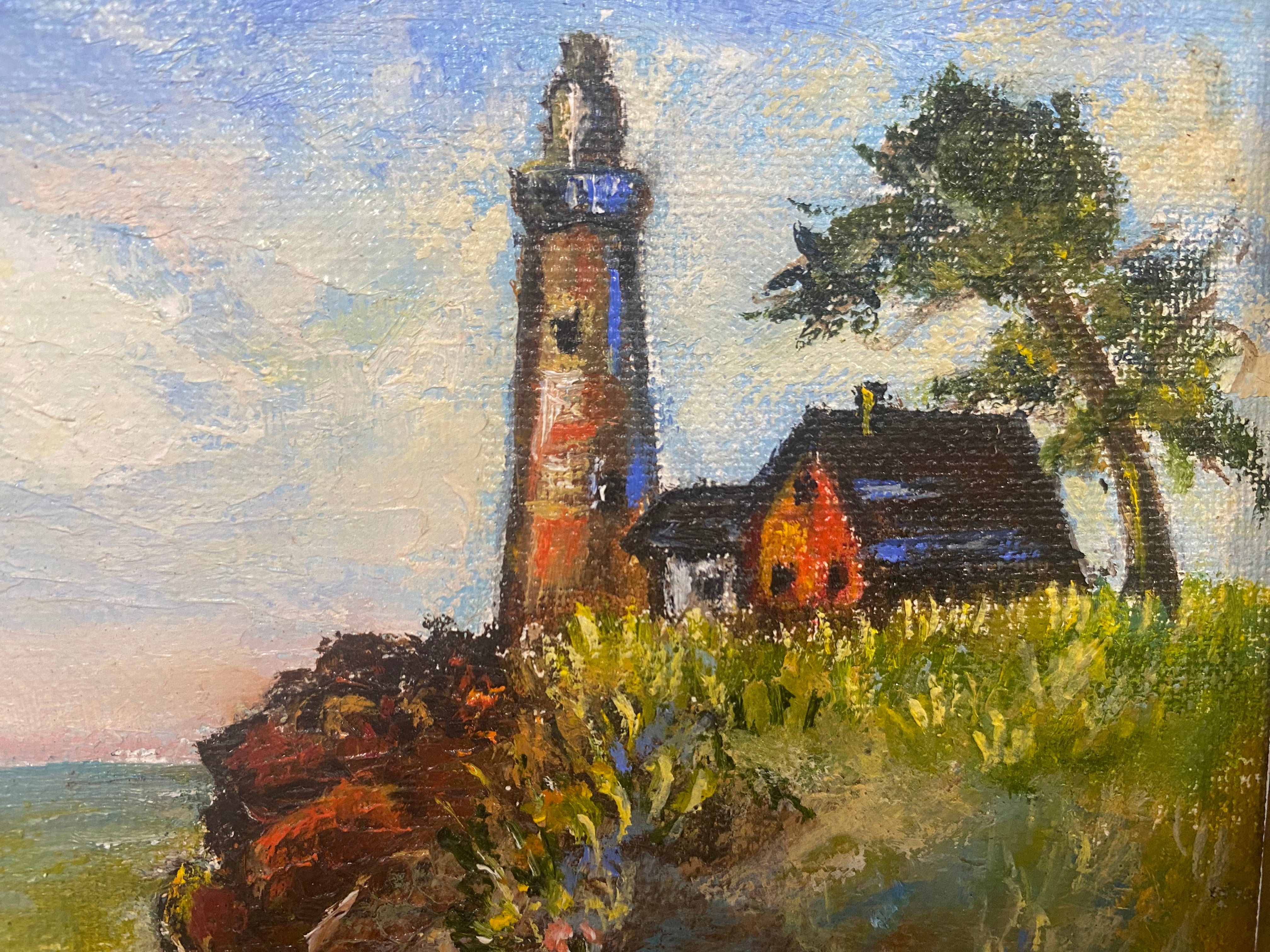 oil painting lighthouse sailboat New England