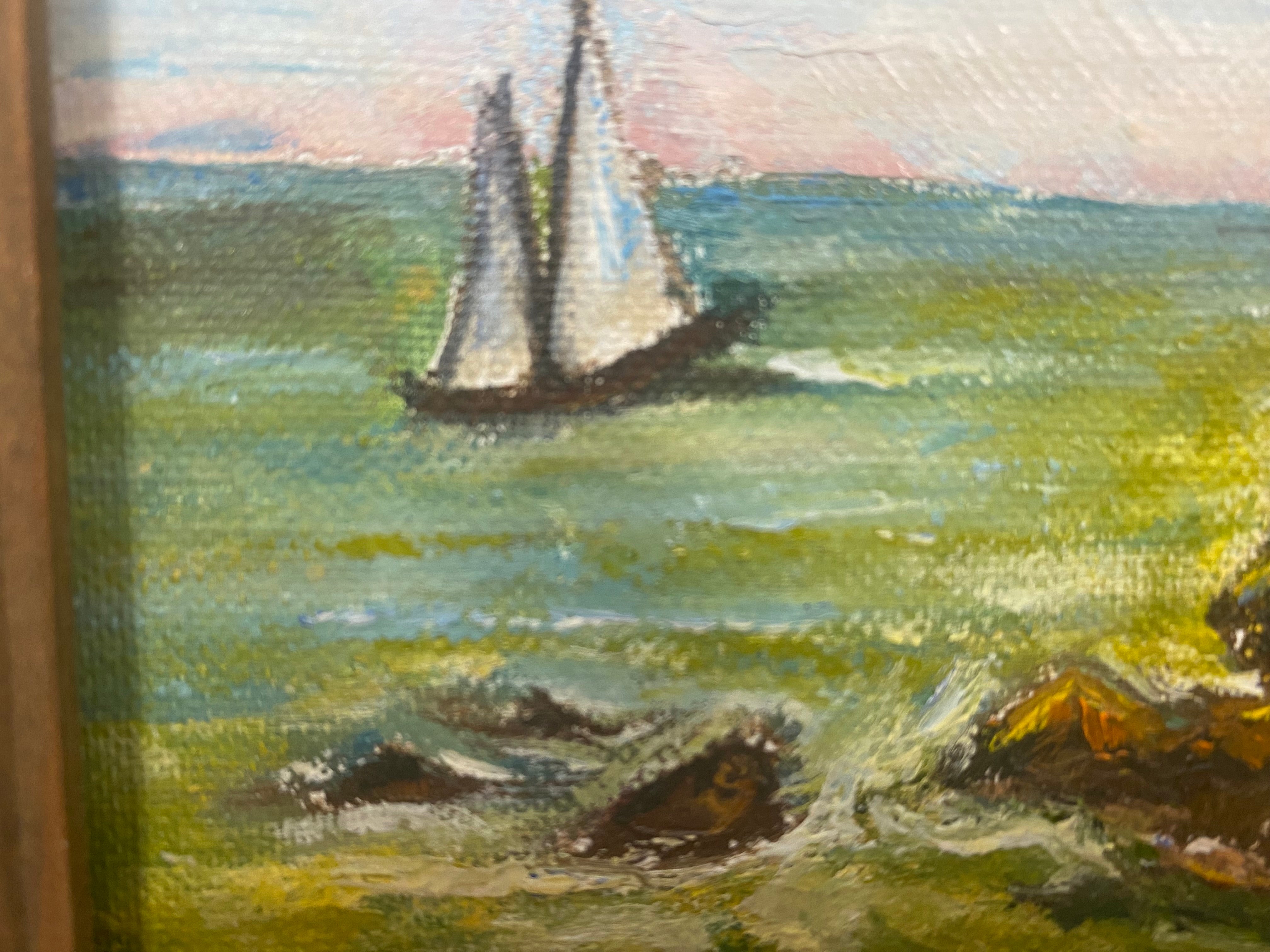oil painting lighthouse sailboat New England