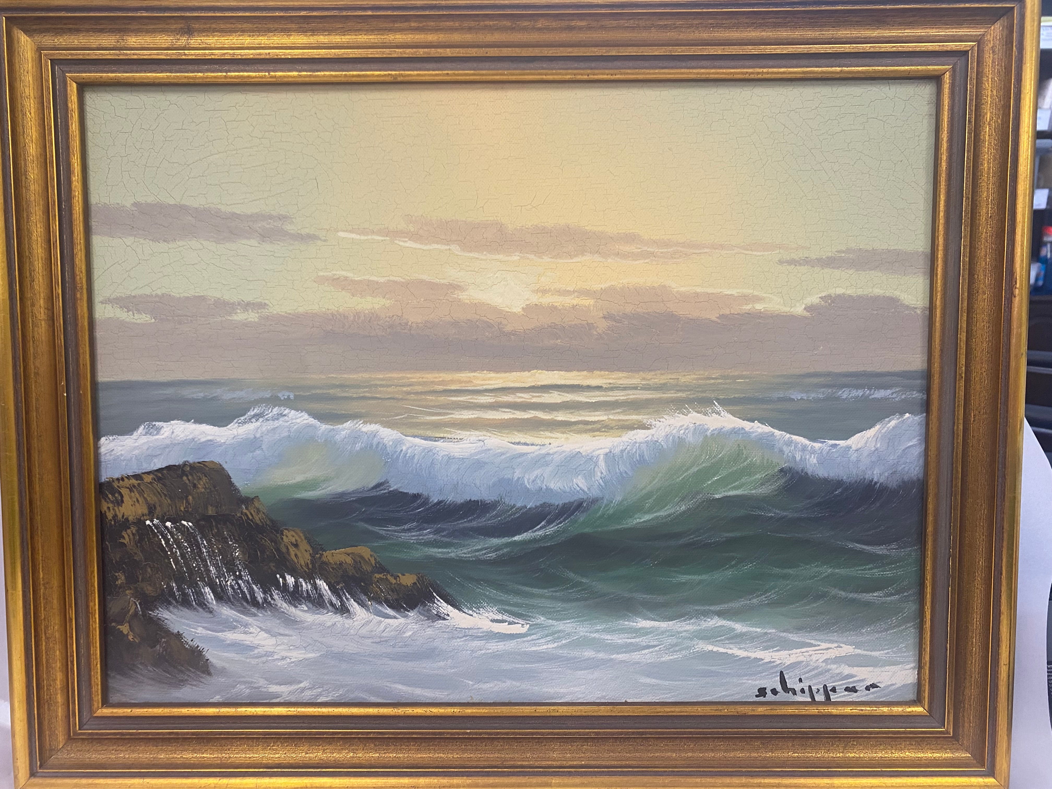 vintage oil painting , rolling ocean waves Artist Schipper , coastal new England