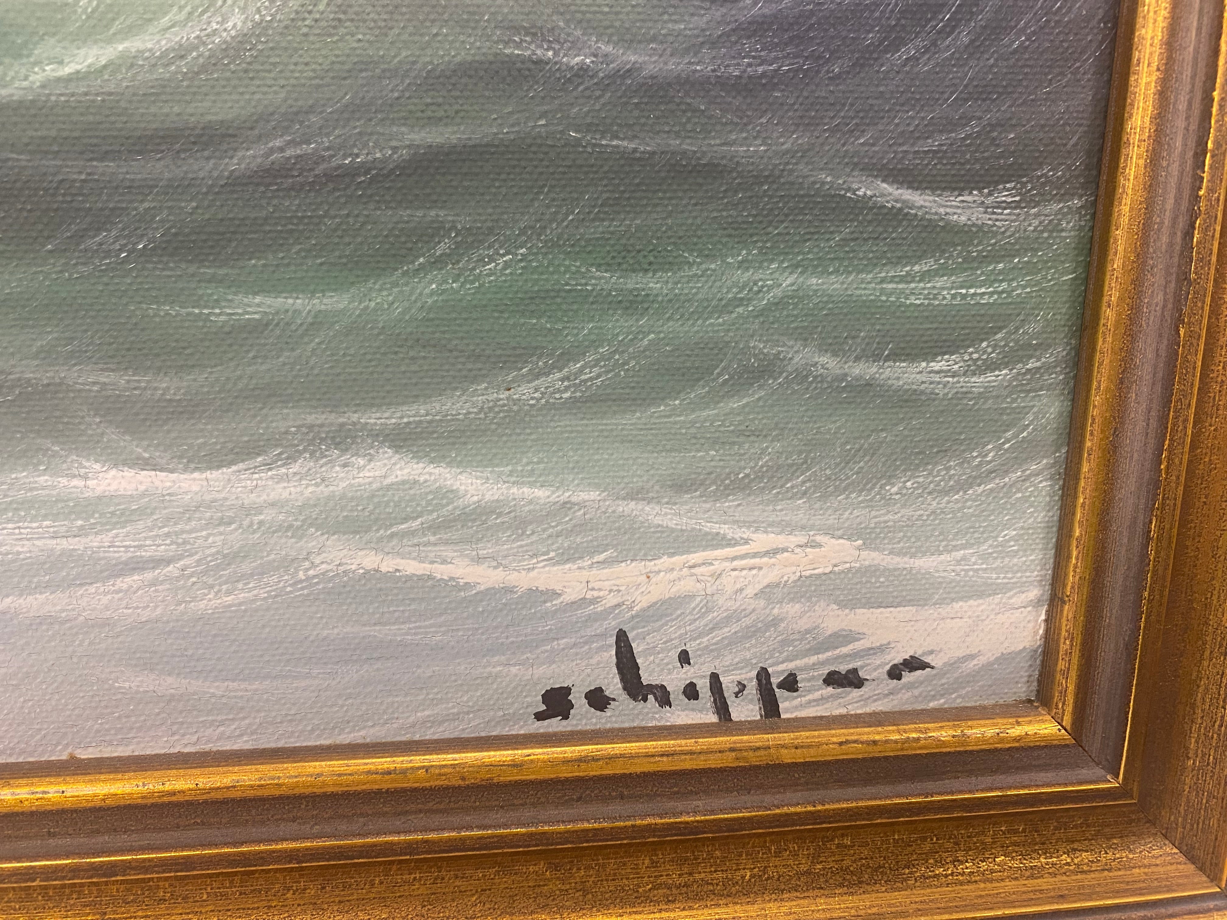 vintage oil painting , rolling ocean waves Artist Schipper , coastal new England