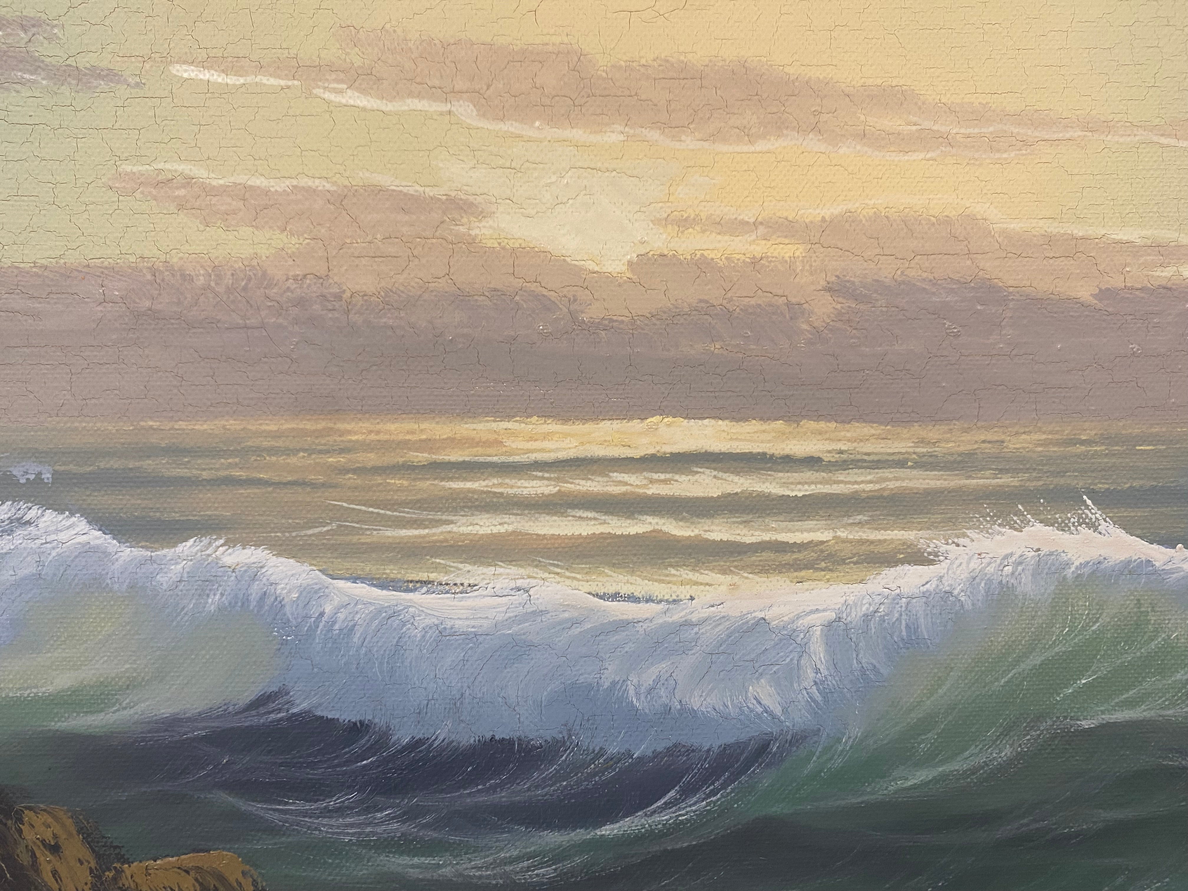 vintage oil painting , rolling ocean waves Artist Schipper , coastal new England