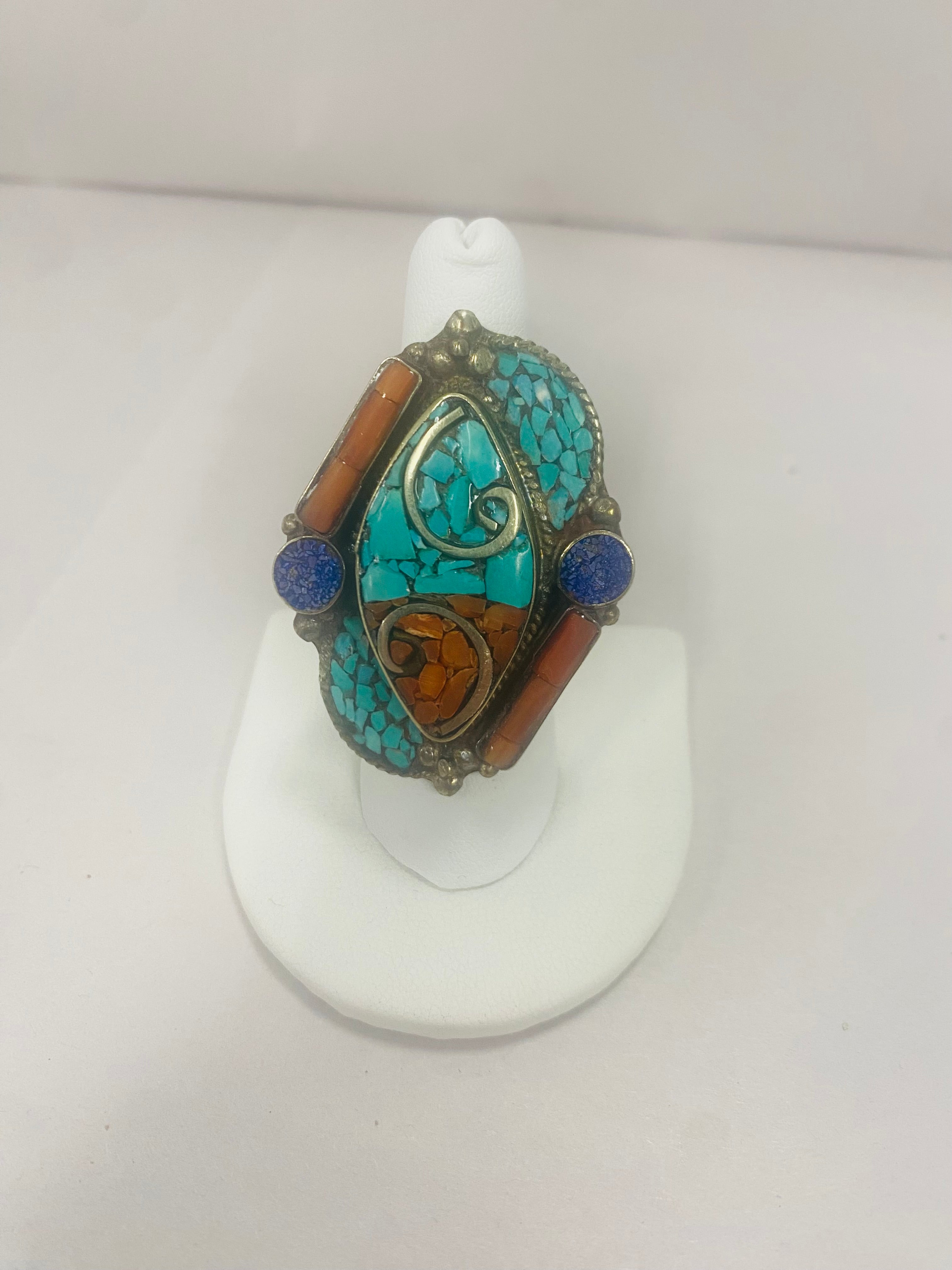 sterling silver,  turquoise, coral, lapis vintage ring, vintage jewelry