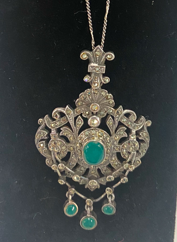 vintage jewelry, sterling silver, green onyx, austro-hungarian, 19th century