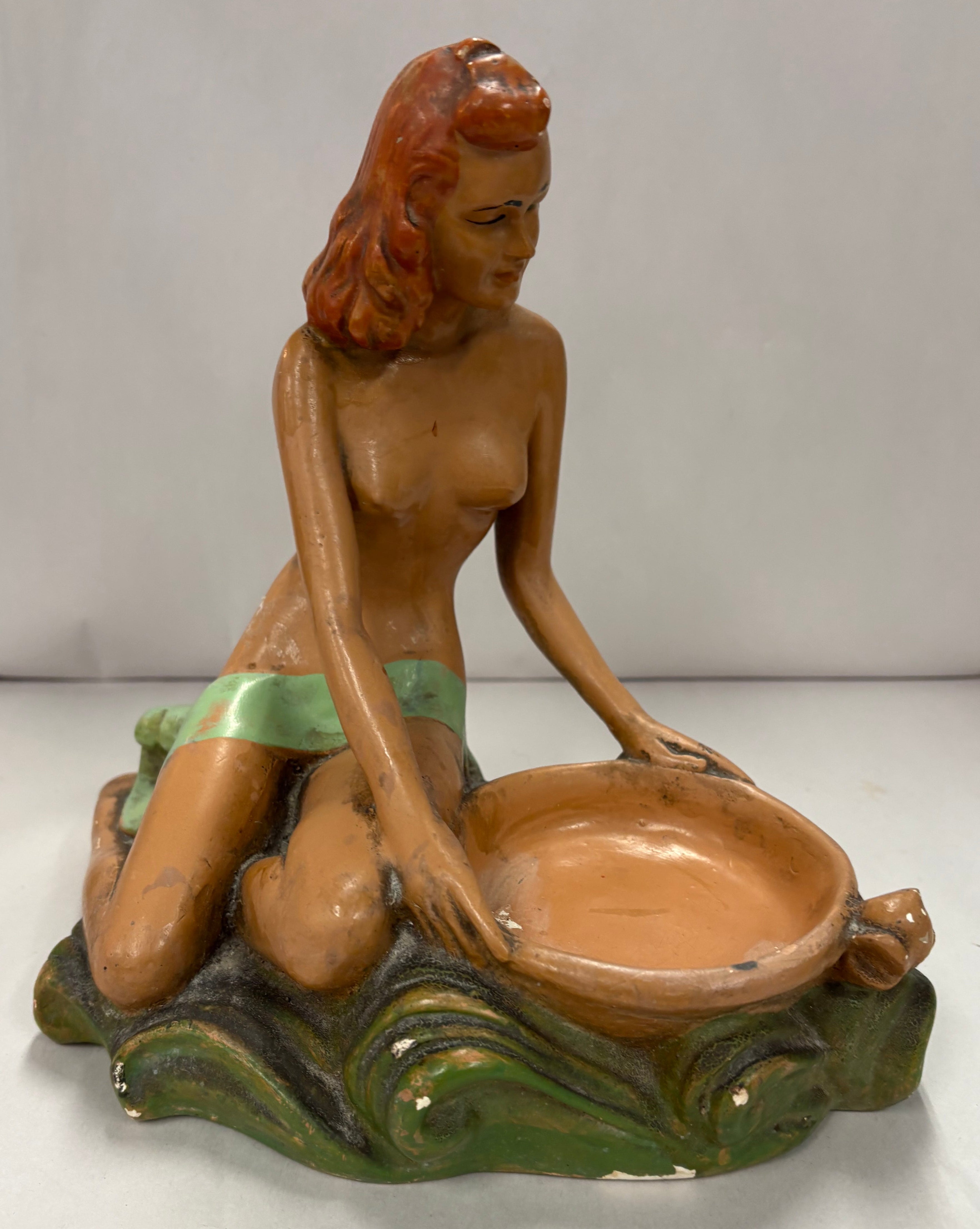 Chalkware semi nude woman trinket holder