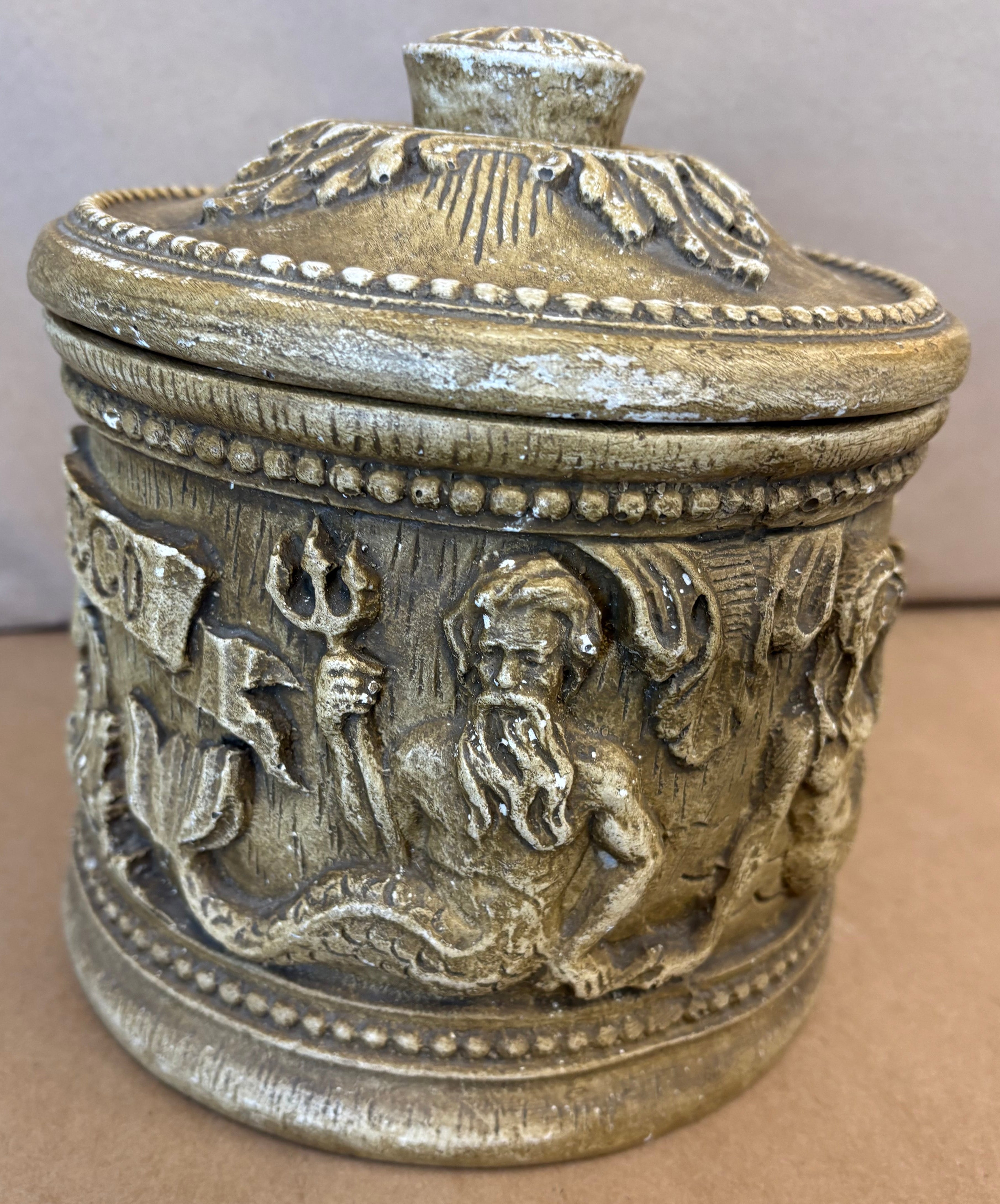 Vintage stoneware Tobacco Jar with Mermaids and Mermen