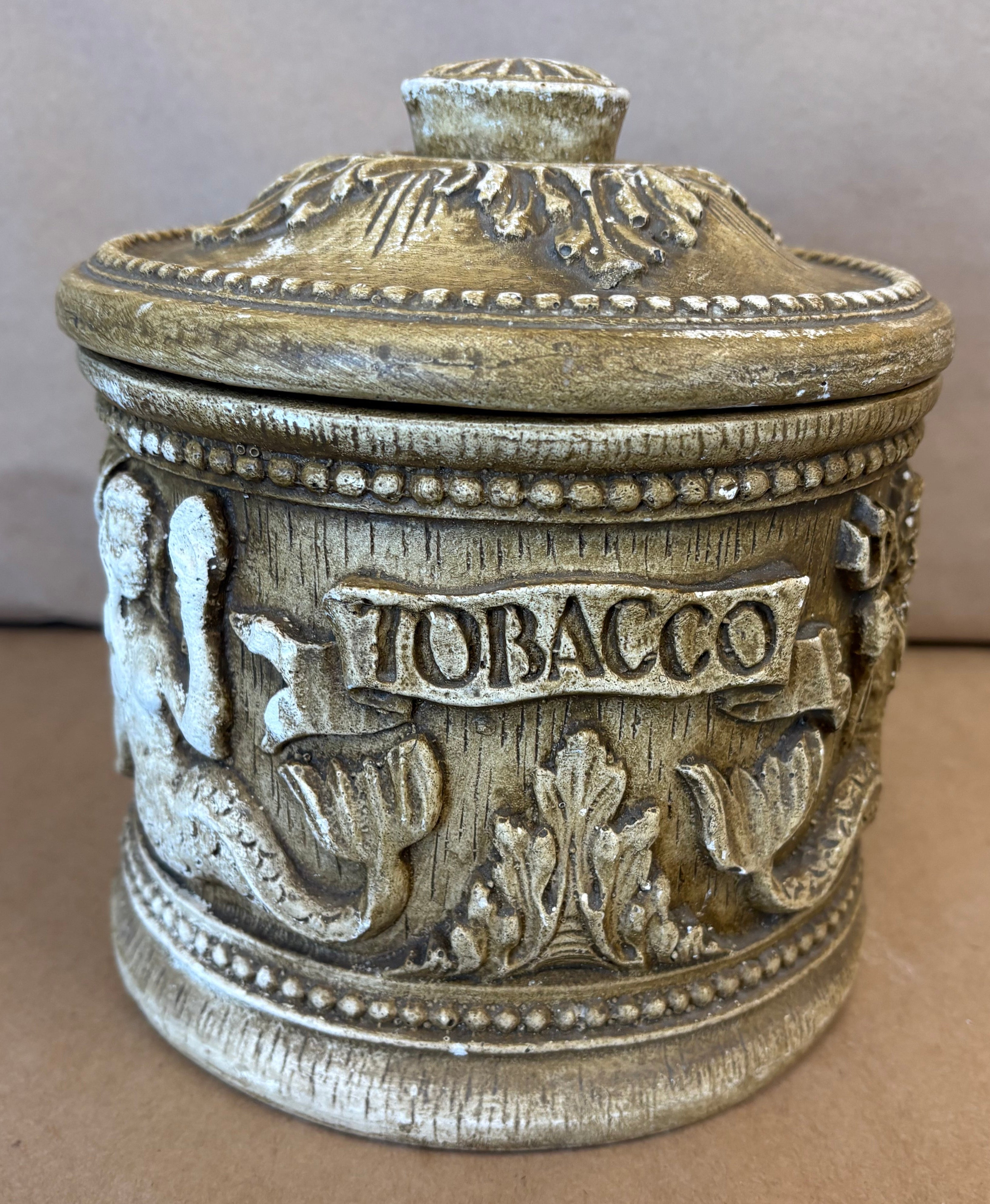 Vintage stoneware Tobacco Jar with Mermaids and Mermen