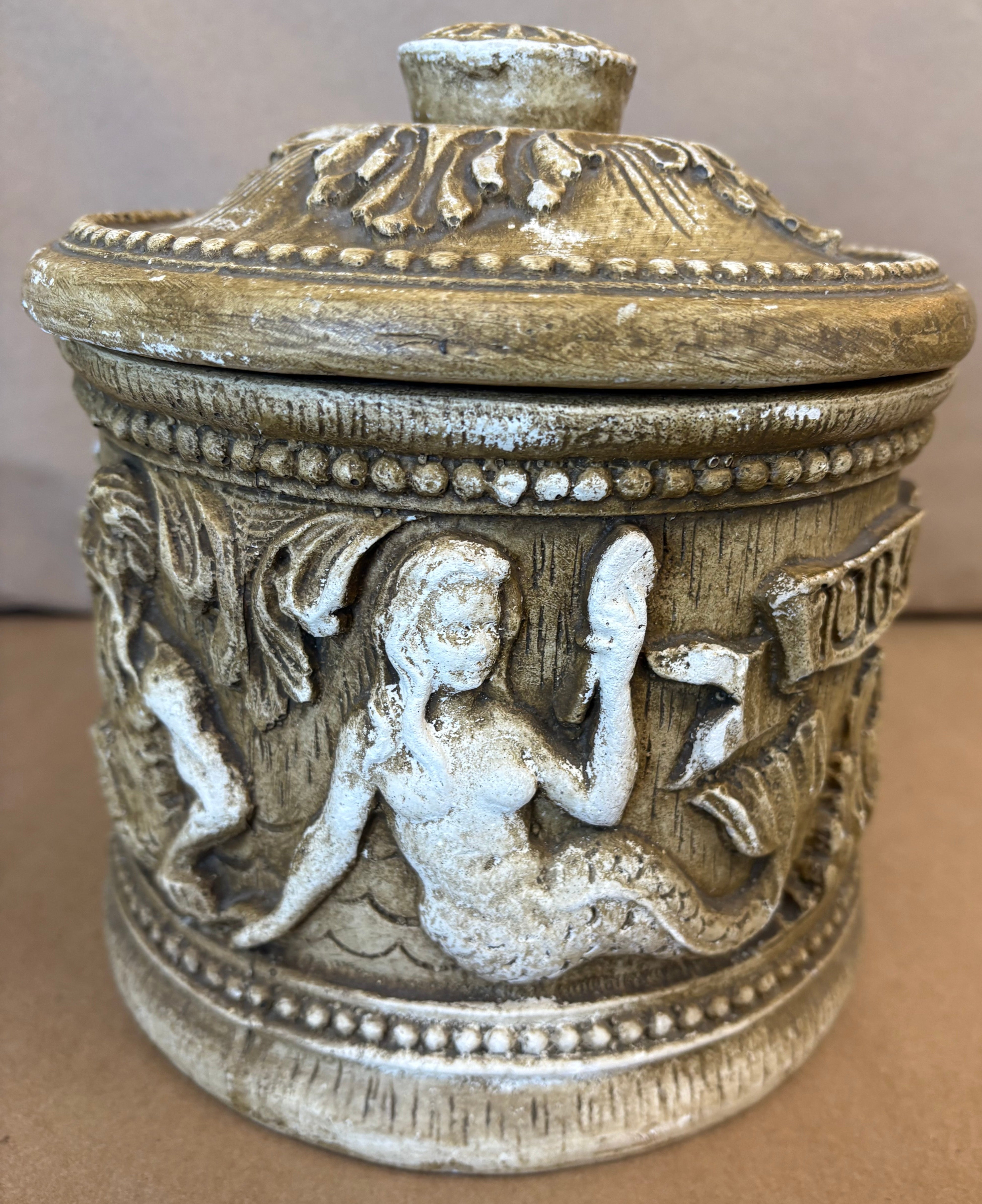Vintage stoneware Tobacco Jar with Mermaids and Mermen