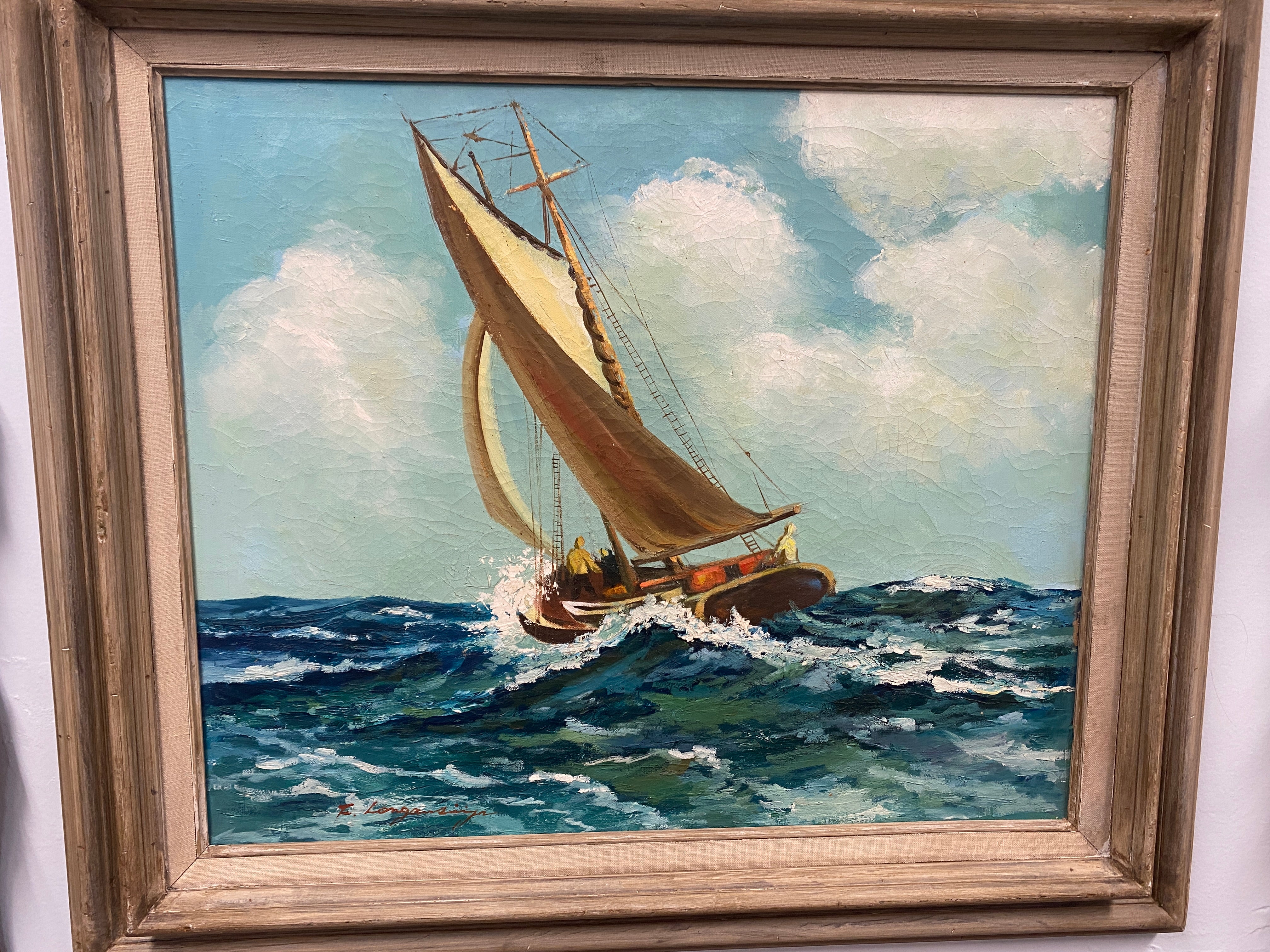 Nautical art, vintage oil painting, blue ocean, beach house, sailing