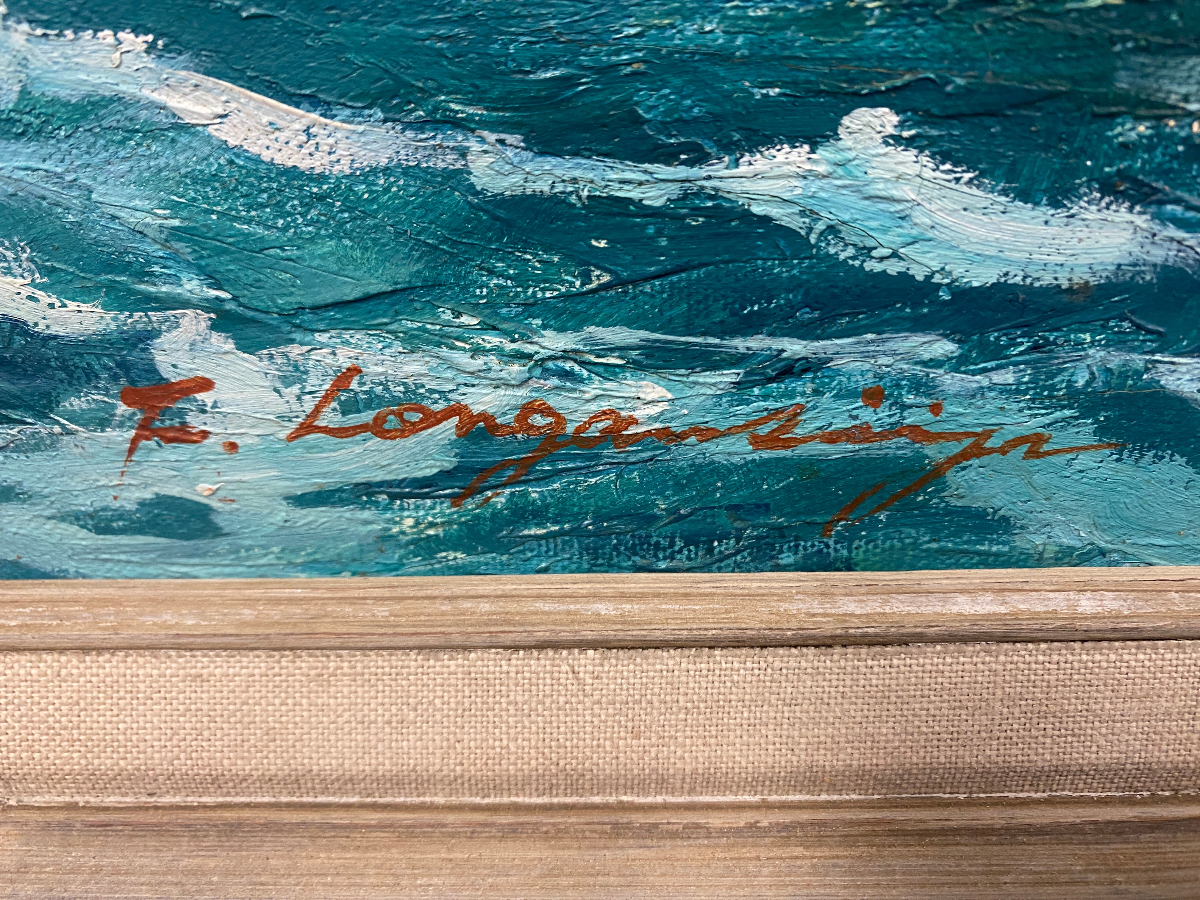 Nautical art, vintage oil painting, blue ocean, beach house, sailing