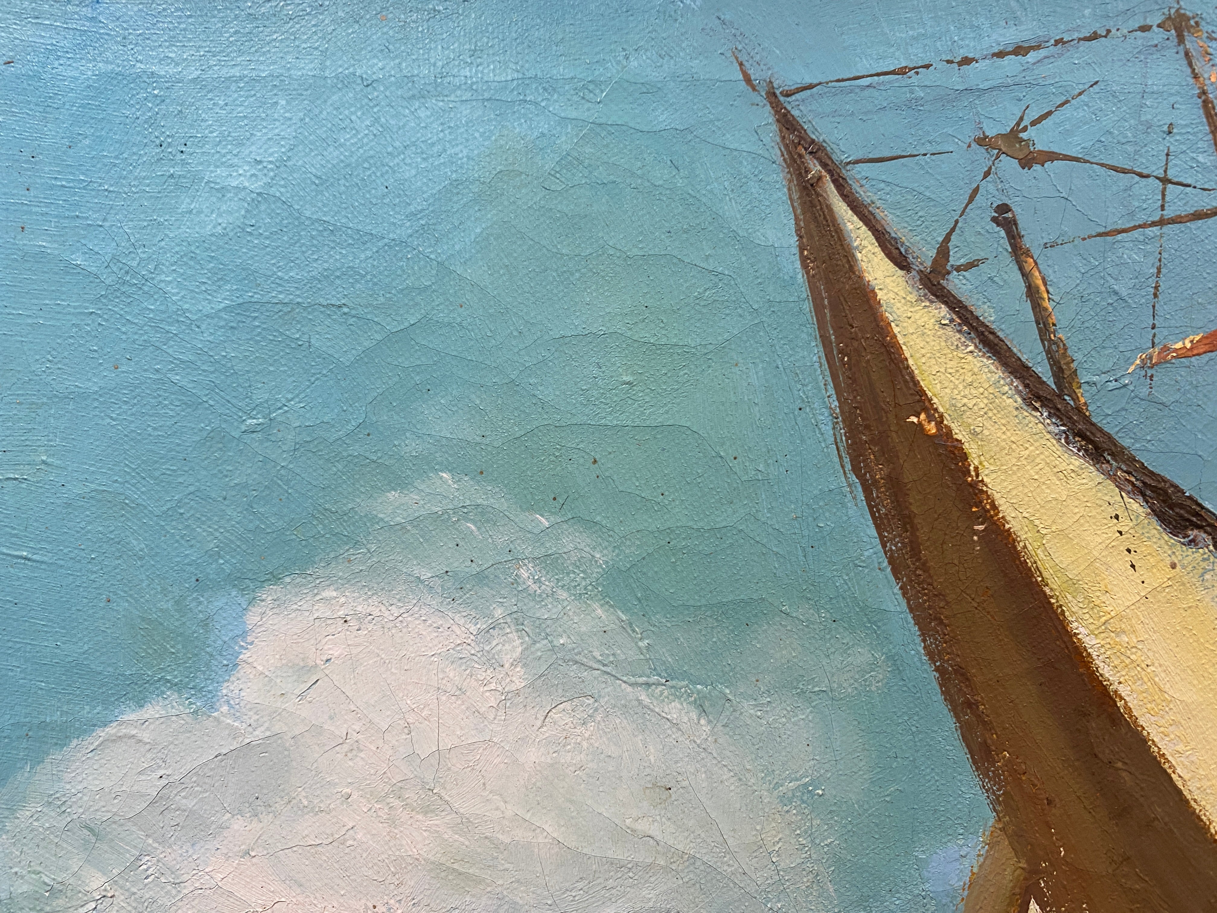 Nautical art, vintage oil painting, blue ocean, beach house, sailing