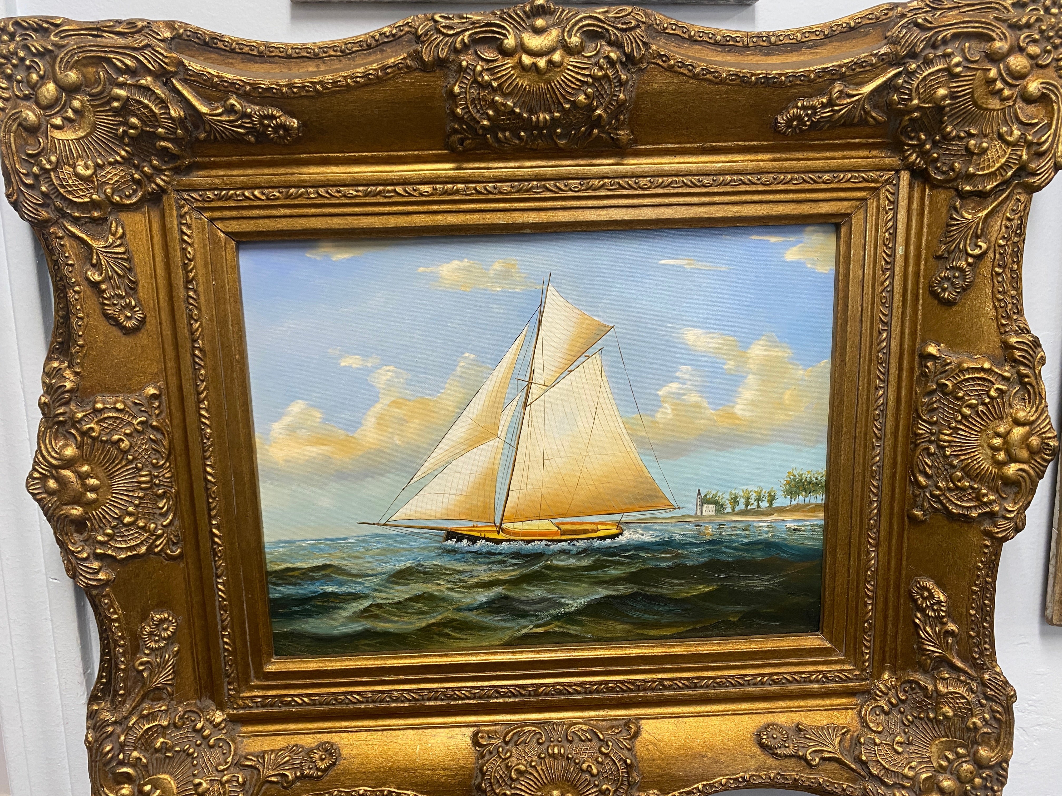 nautical art, vintage oil painting, gilded frame, beach house decor, sailing, Cape Cod.