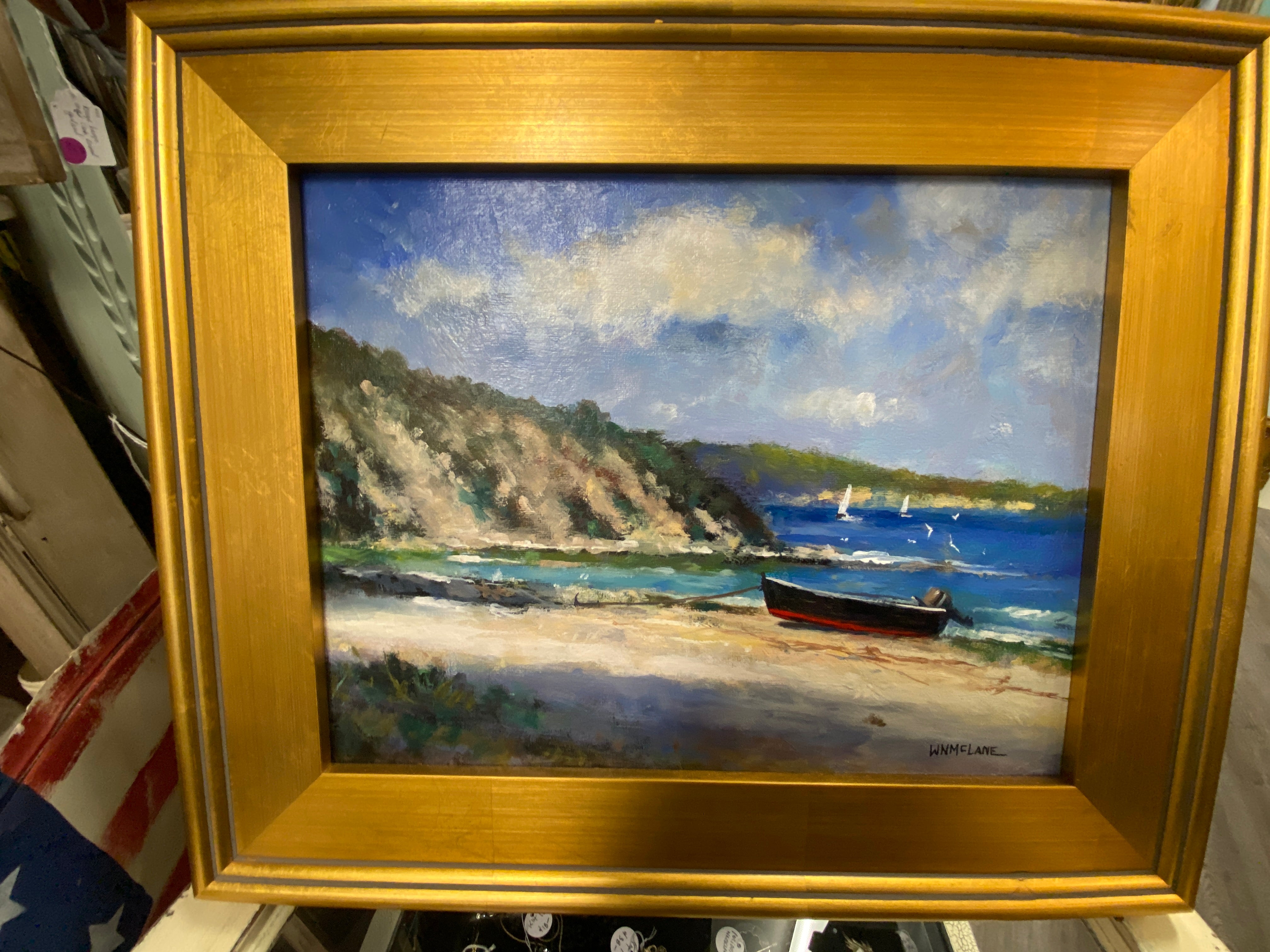 contemporary oil painting, Martha's Vineyard, Rowboat, beach house decor, artist WN McLane.
